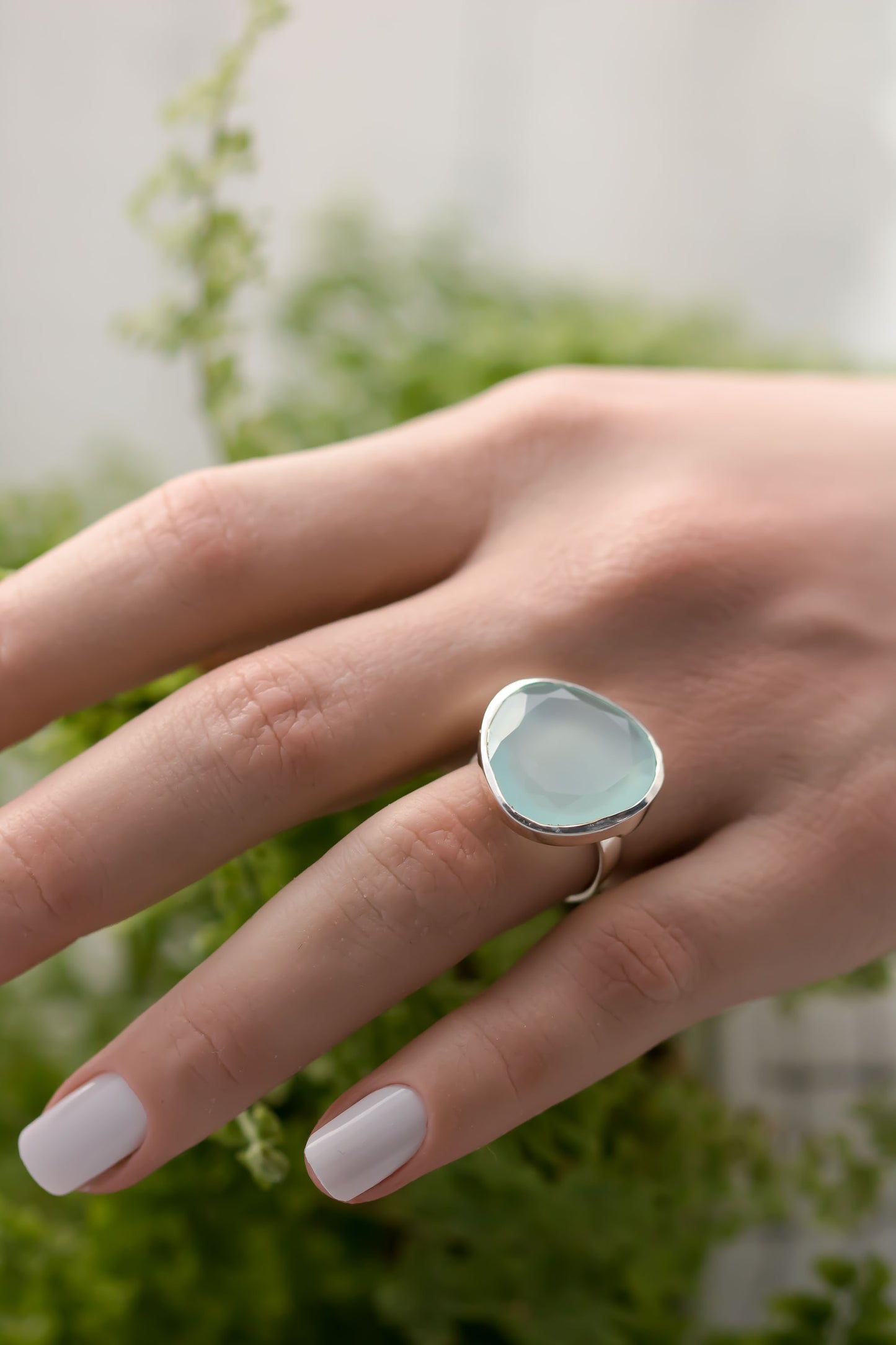 Large Sterling silver Freeform Chalcedony cabochon ring.
