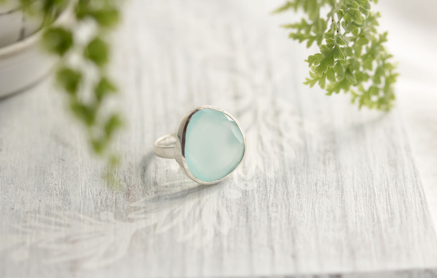 Large Sterling silver Freeform Chalcedony cabochon ring.