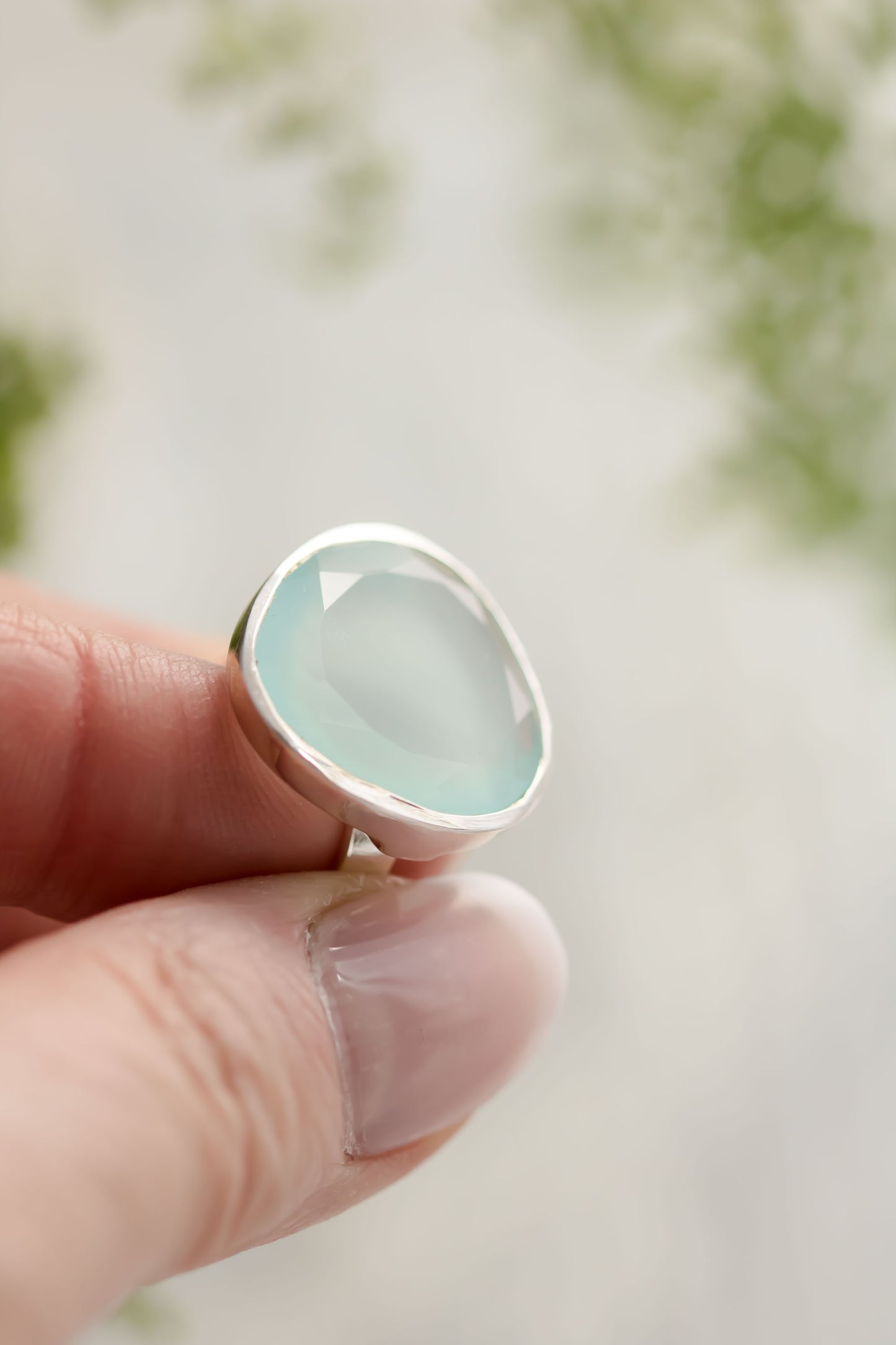 Large Sterling silver Freeform Chalcedony cabochon ring.
