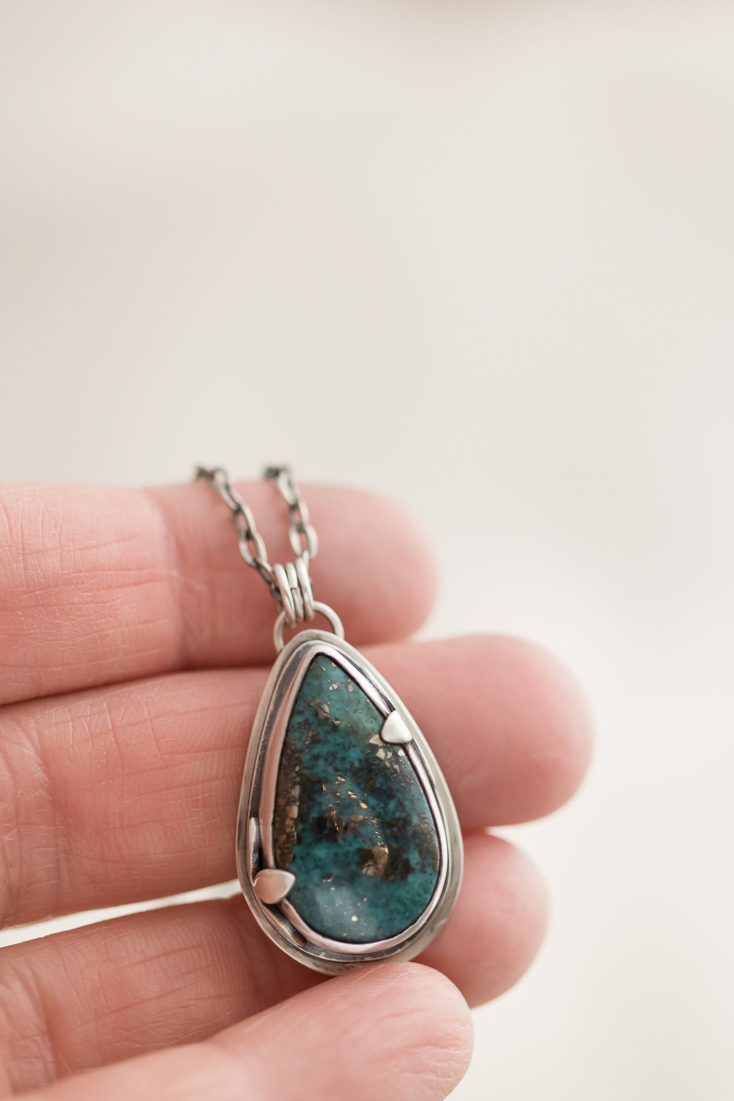 Handmade Sterling Silver Morenci 2 Turquoise Teardrop Necklace with 16-20" Chain