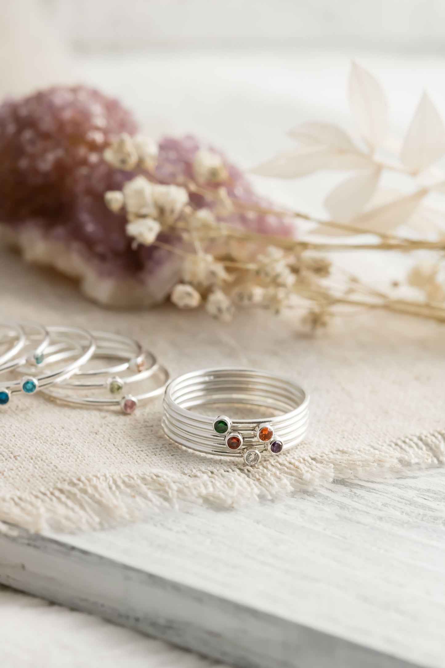 Birthstone Stacking Rings, Sterling Silver Ring, Cubic Zirconia Women's Jewelry
