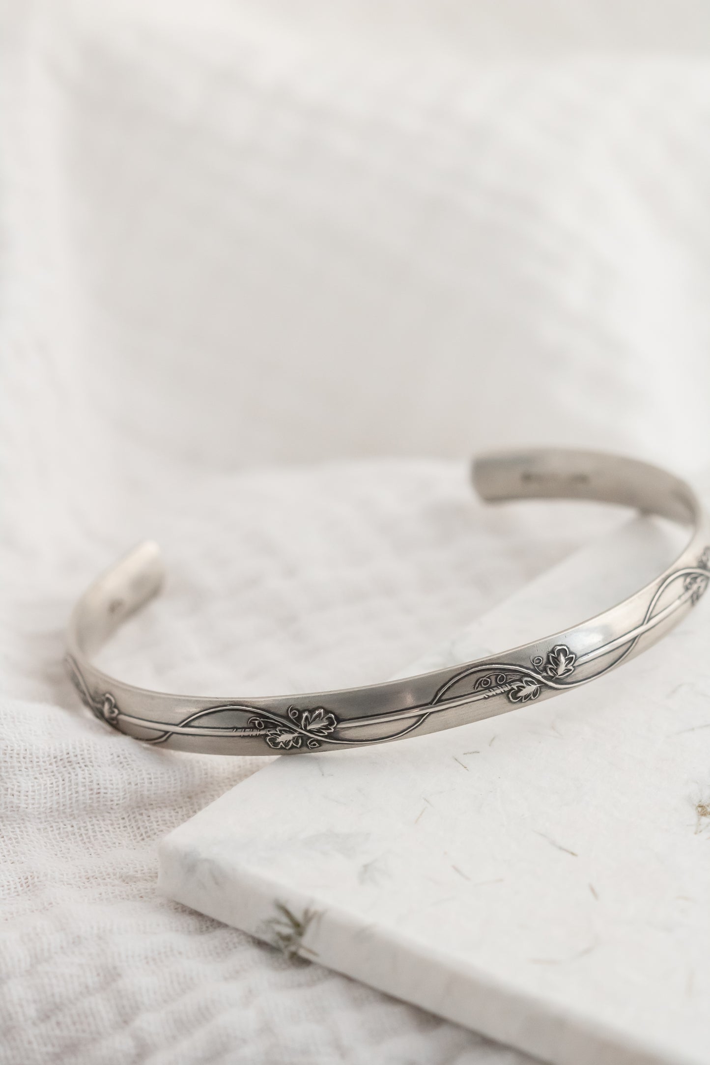 Whimsical Sterling Silver Floral Vine Cuff Bracelet - Boho Engraved Bangle, Adjustable 6"