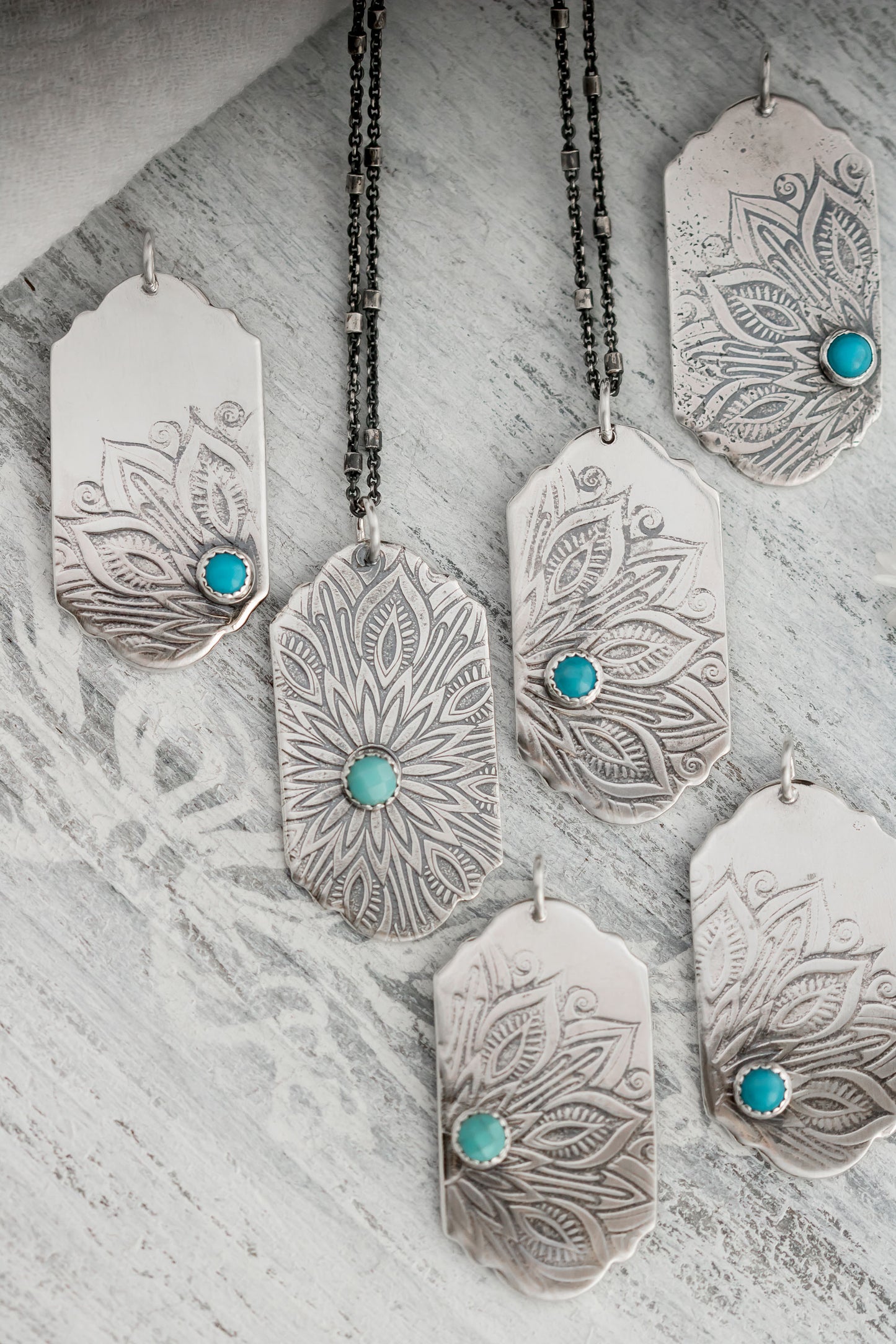 Sterling Silver Mandala Necklace, Turquoise Charm Pendant, Women's Oxidized Bead Chain Jewelry