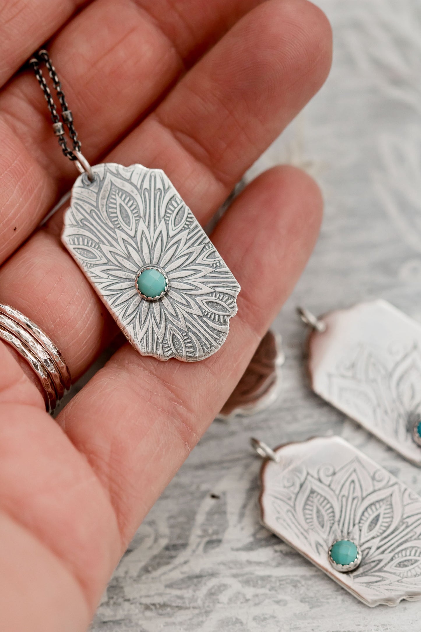 Sterling Silver Mandala Necklace, Turquoise Charm Pendant, Women's Oxidized Bead Chain Jewelry