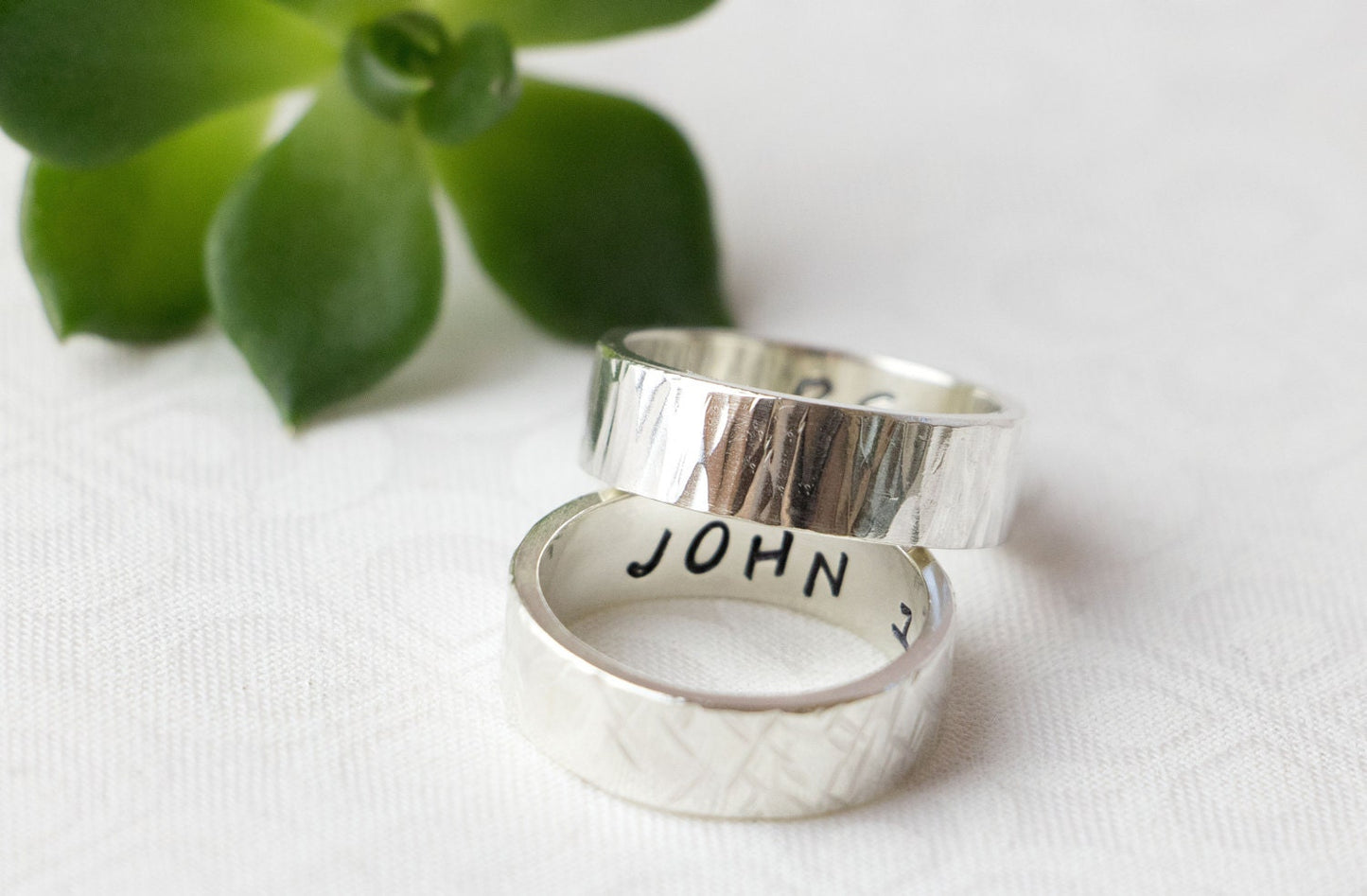 Personalized Silver Wedding Band, Textured Silver Band, Hammered Silver Band, Custom Stamped or Plain, Engraved Wedding Band, Bark texture
