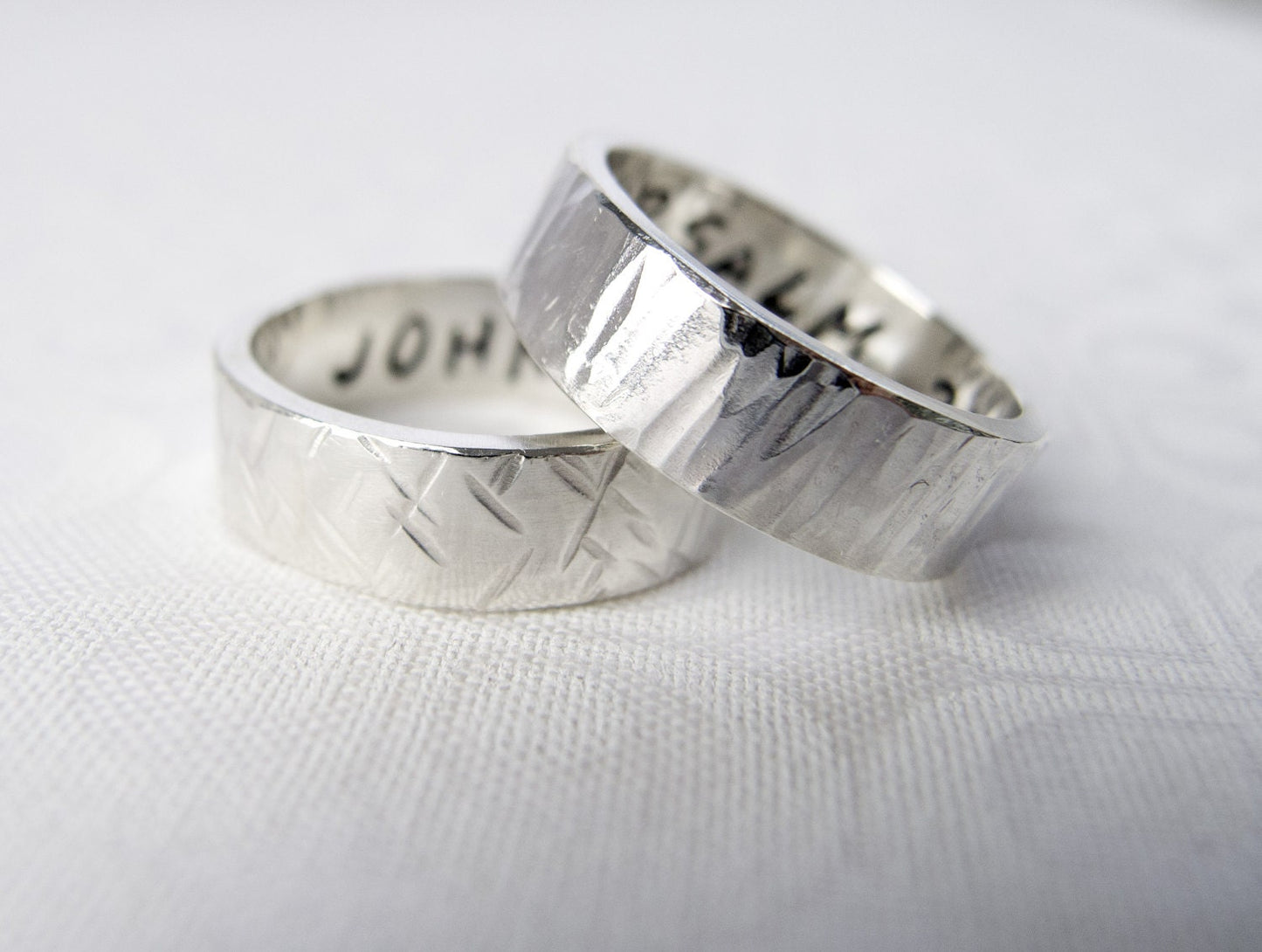 Personalized Silver Wedding Band, Textured Silver Band, Hammered Silver Band, Custom Stamped or Plain, Engraved Wedding Band, Bark texture