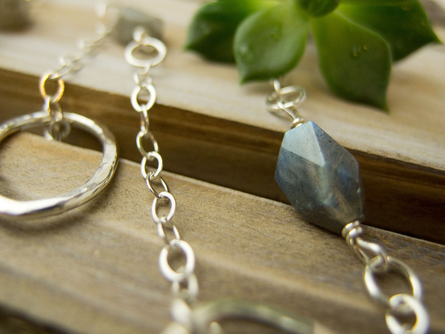 Long 35 inch sterling silver and labradorite necklace with hand made silver circle links and faceted labradorite nuggets.