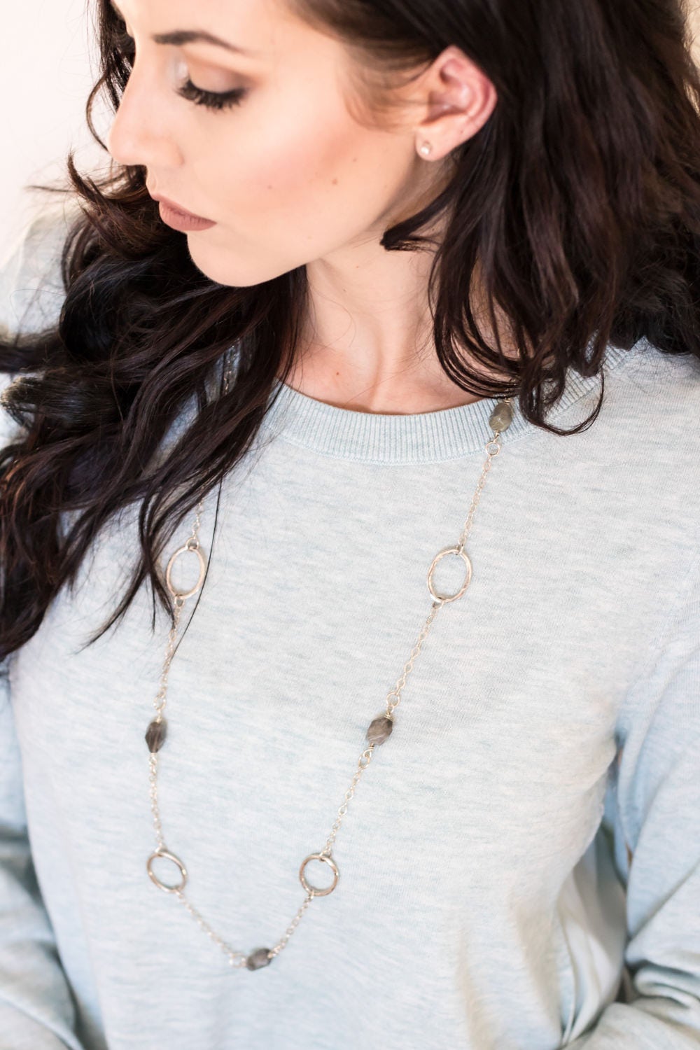 Long 35 inch sterling silver and labradorite necklace with hand made silver circle links and faceted labradorite nuggets.