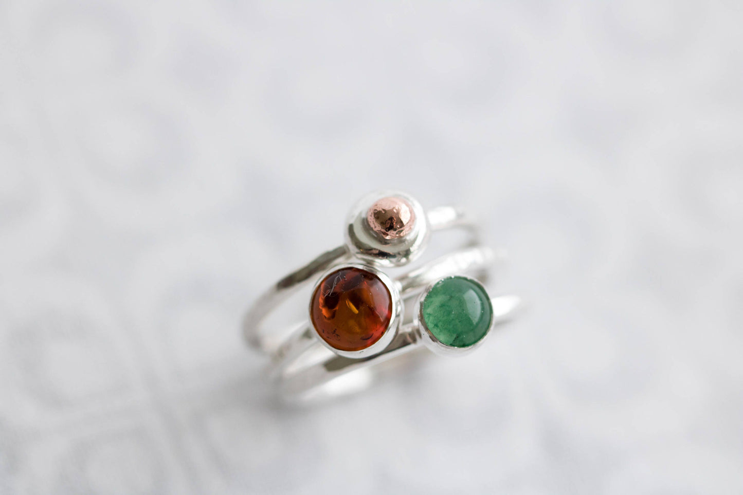 Sterling Silver Stacking Ring Set, Amber Ring, Aventurine Stacking Ring Set, Green Gemstone Ring, Amber Jewelry, Style Jewelry
