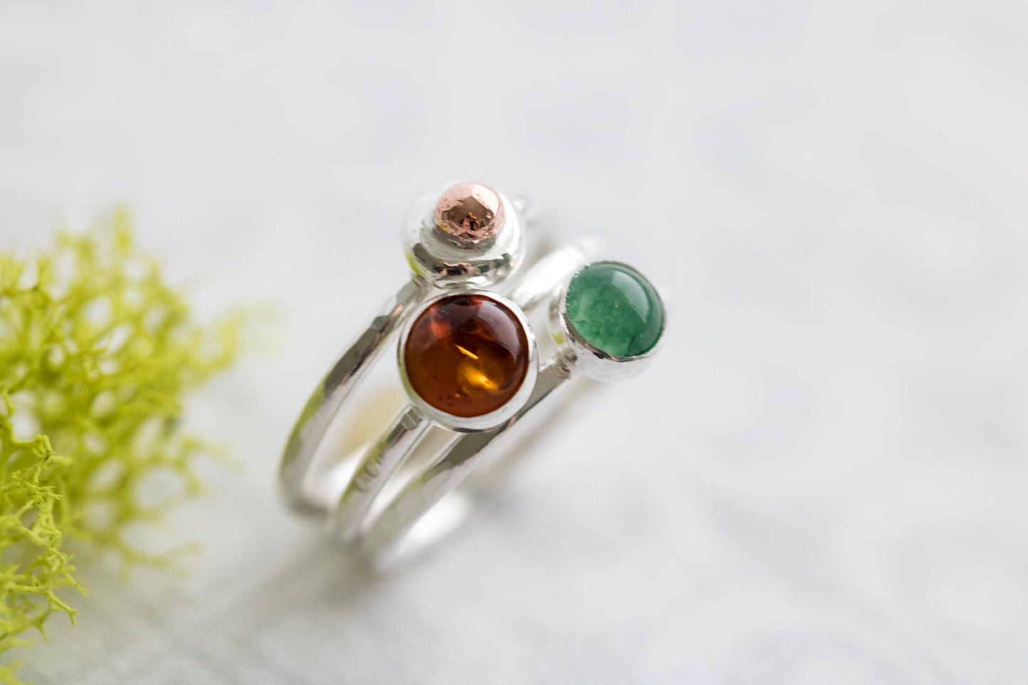 Sterling Silver Stacking Ring Set, Amber Ring, Aventurine Stacking Ring Set, Green Gemstone Ring, Amber Jewelry, Style Jewelry