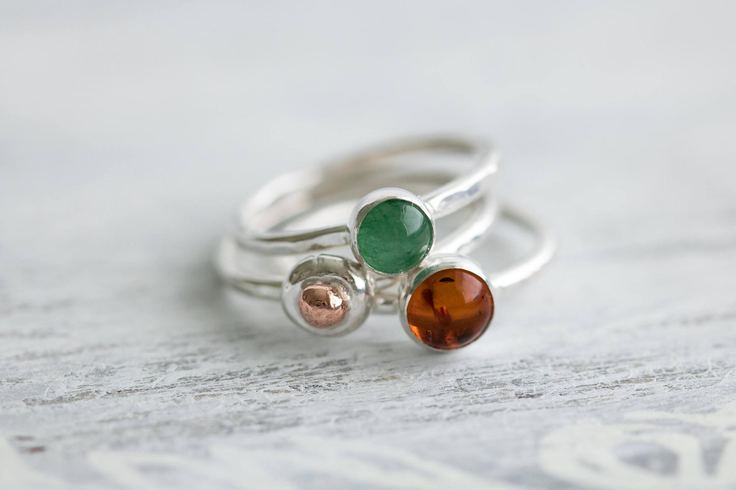 Sterling Silver Stacking Ring Set, Amber Ring, Aventurine Stacking Ring Set, Green Gemstone Ring, Amber Jewelry, Style Jewelry