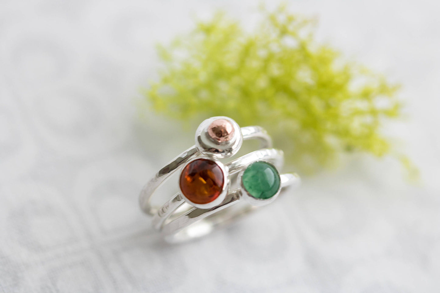 Sterling Silver Stacking Ring Set, Amber Ring, Aventurine Stacking Ring Set, Green Gemstone Ring, Amber Jewelry, Style Jewelry