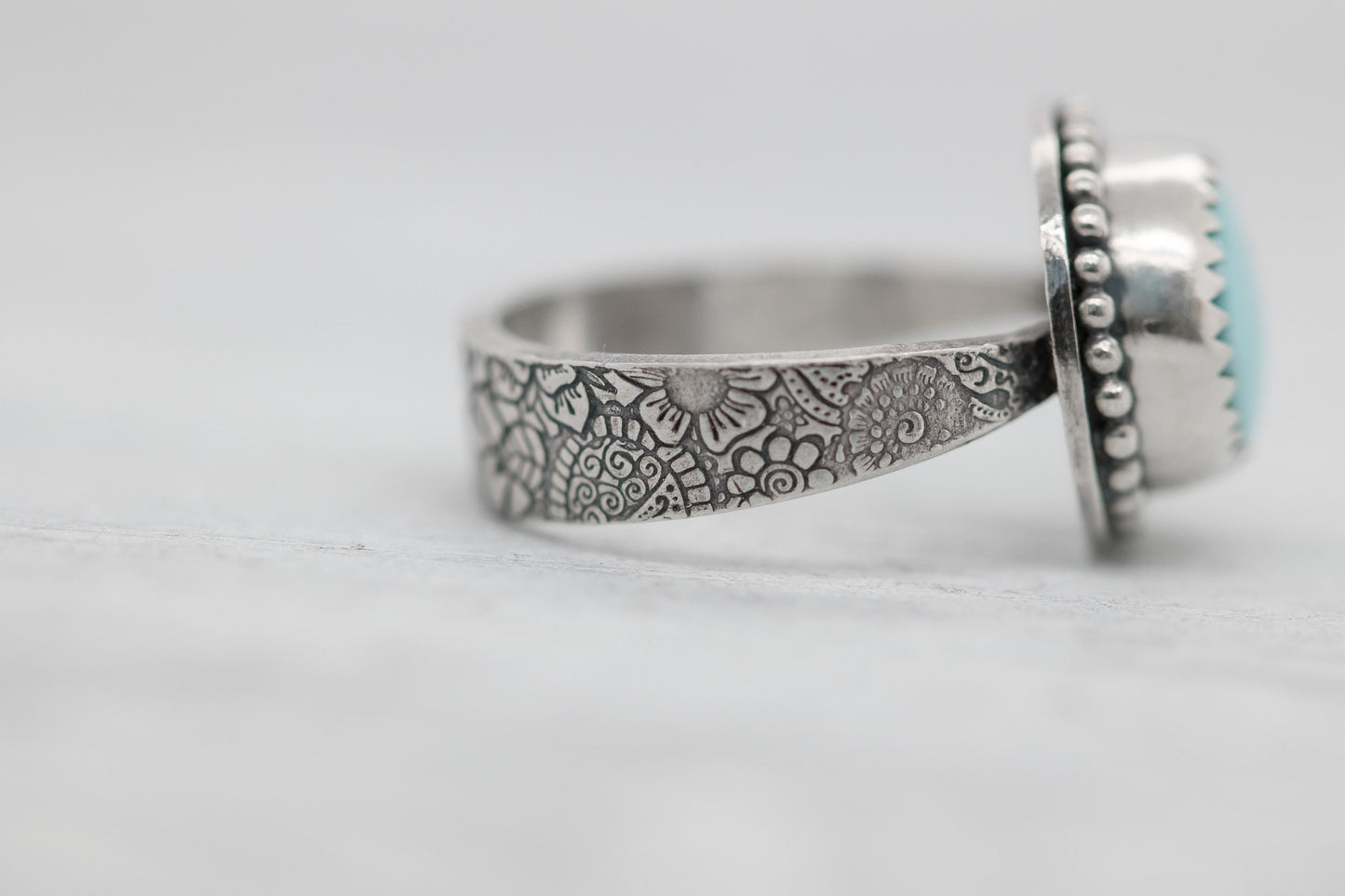 Sterling Silver and Turquoise Rings ∙ Carico Lake Turquoise ∙ Floral Band Ring ∙ Botanical Jewelry ∙ Turquoise Ring For Women