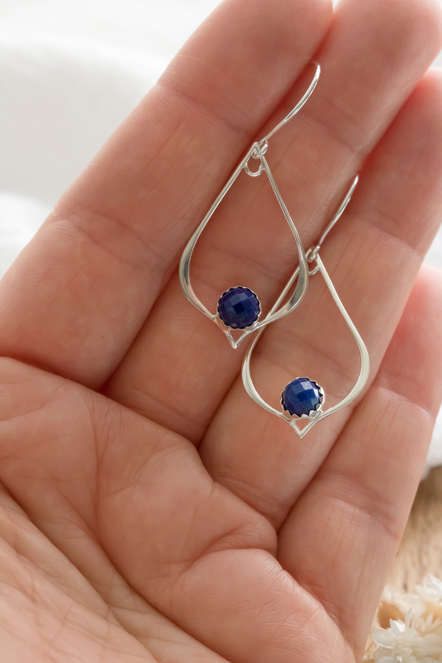 Lapis Lazuli Lotus Petal Sterling Silver Drop Earrings - Statement Dangle Hoops