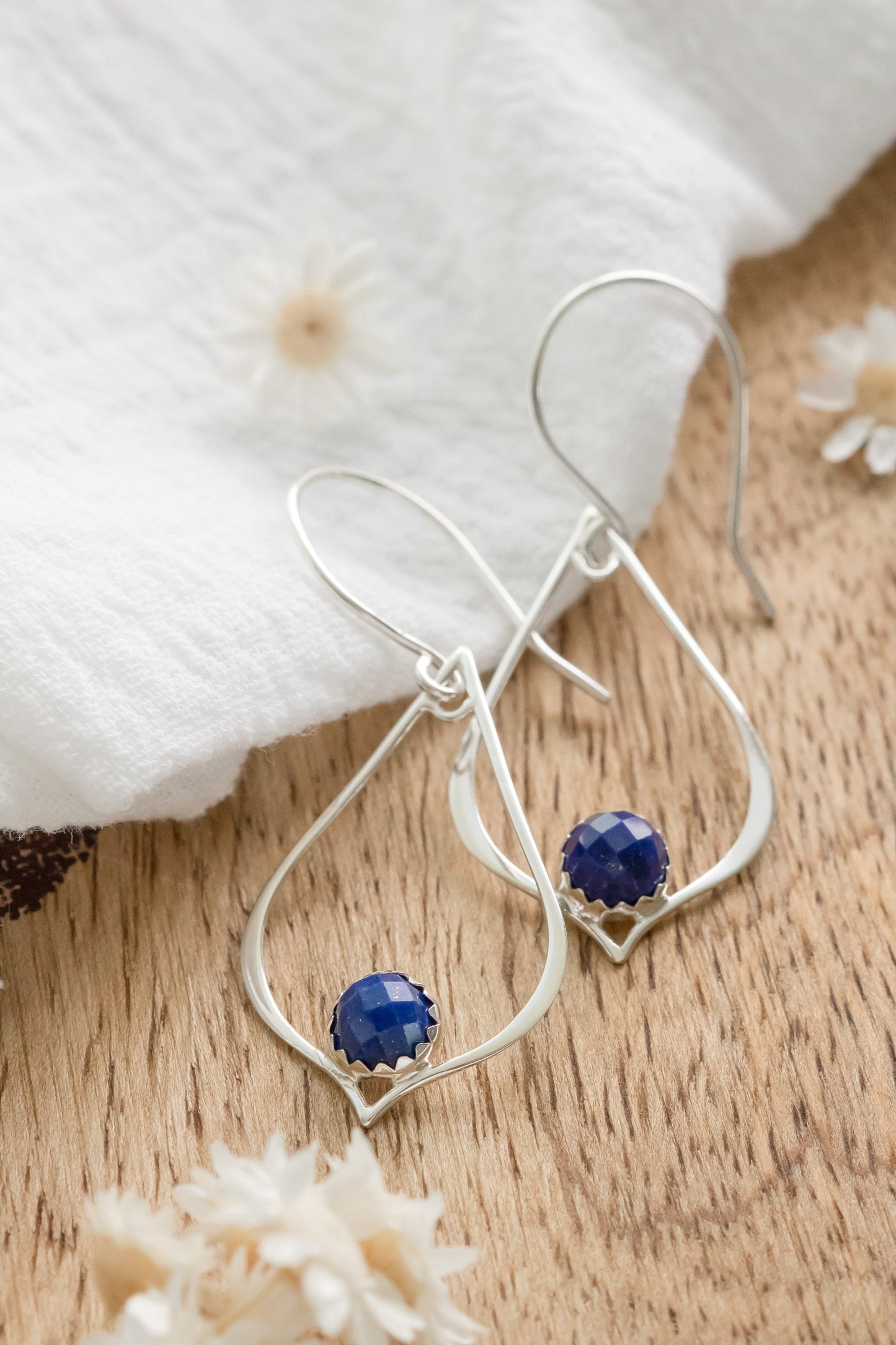 Lapis Lazuli Lotus Petal Sterling Silver Drop Earrings - Statement Dangle Hoops