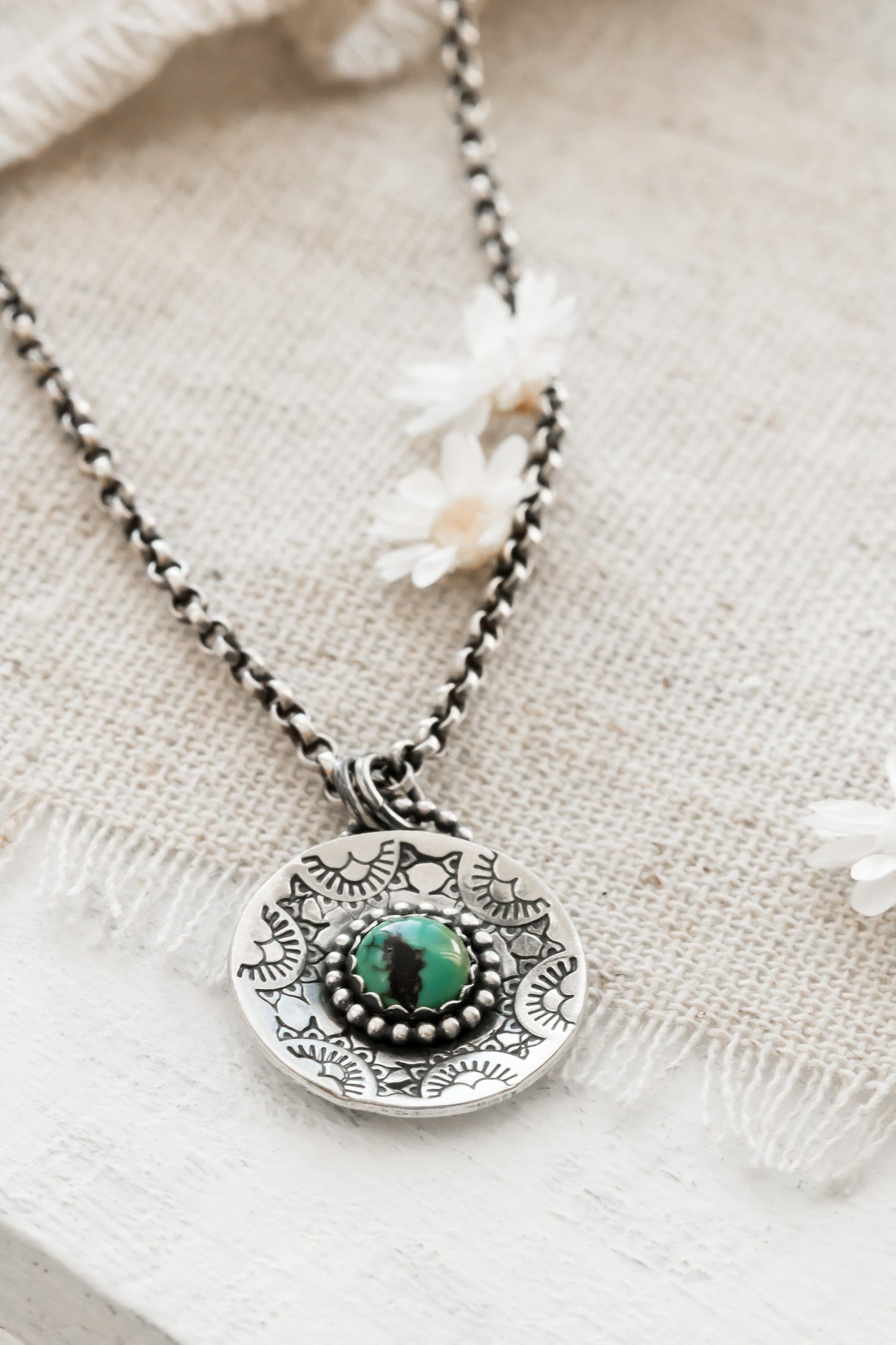 Sterling Silver Turquoise • Mandala Necklace • Tribal Jewelry • Handmade Artisan Jewelry • Boho Southwestern Pendant • Medallion Charm