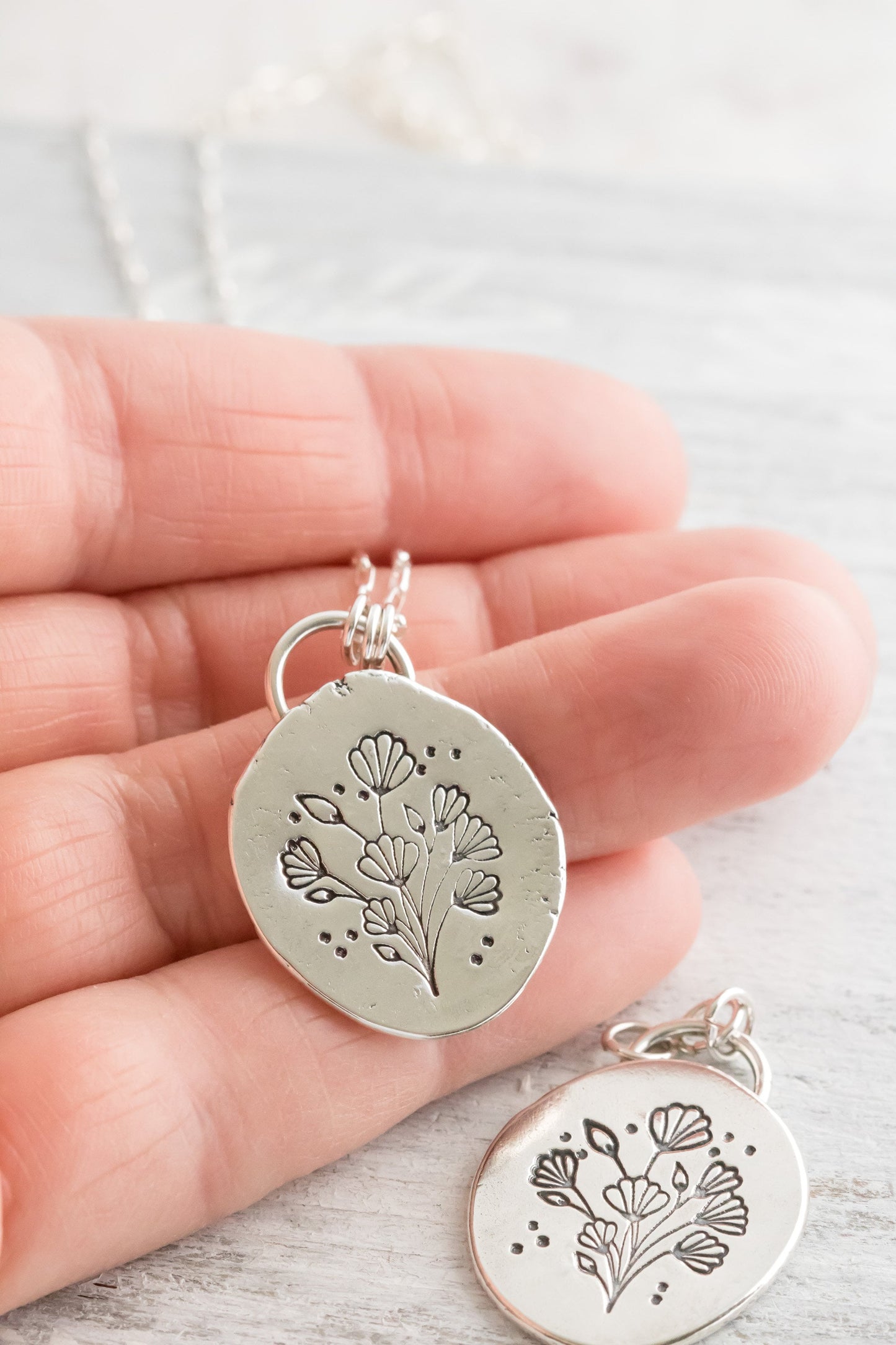 Hand Stamped Sterling Silver Wild Flowers Necklace • Art Nouveau Flower Bouquet Necklace