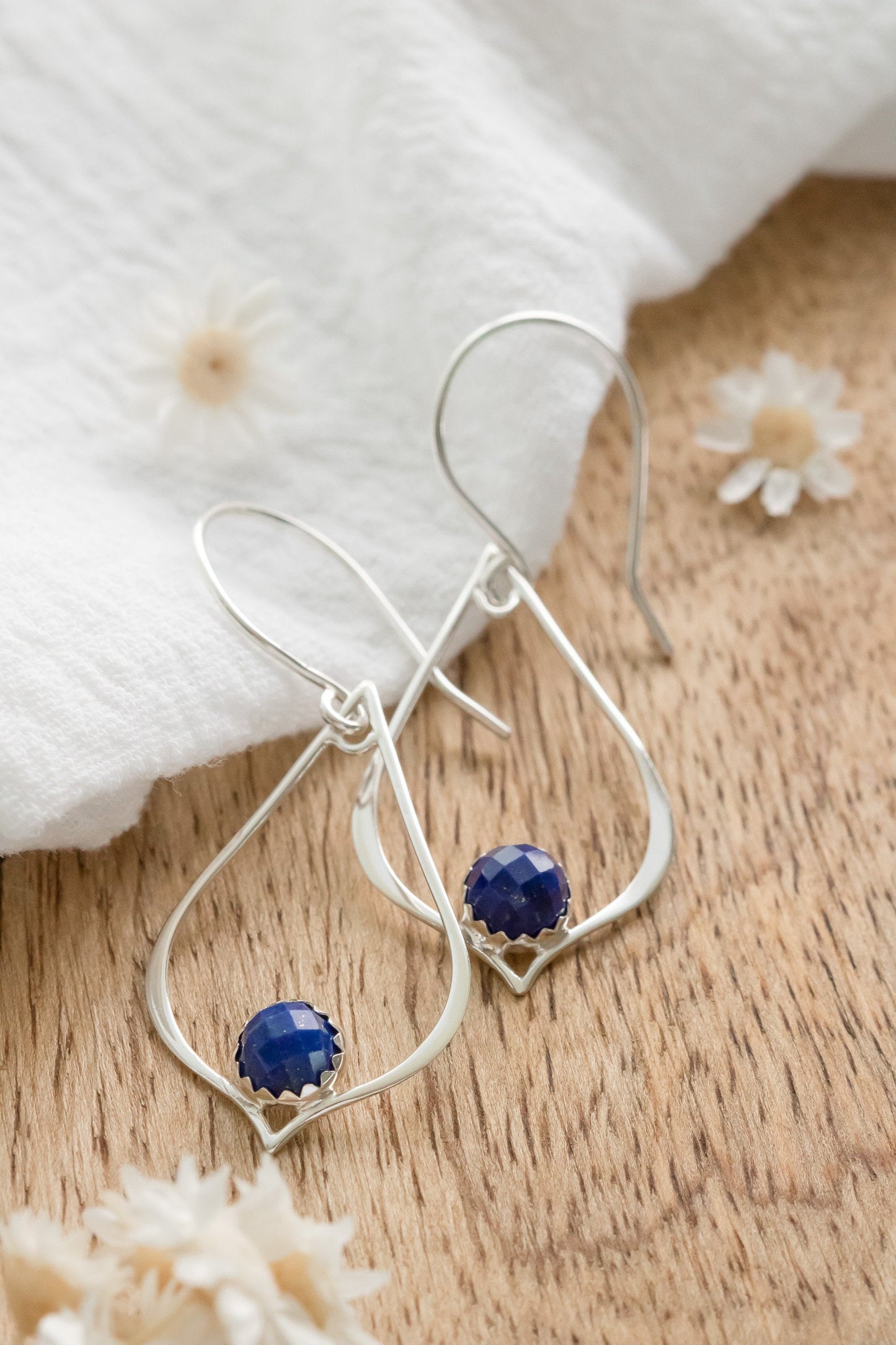 Lapis Lazuli Lotus Petal Sterling Silver Drop Earrings - Statement Dangle Hoops