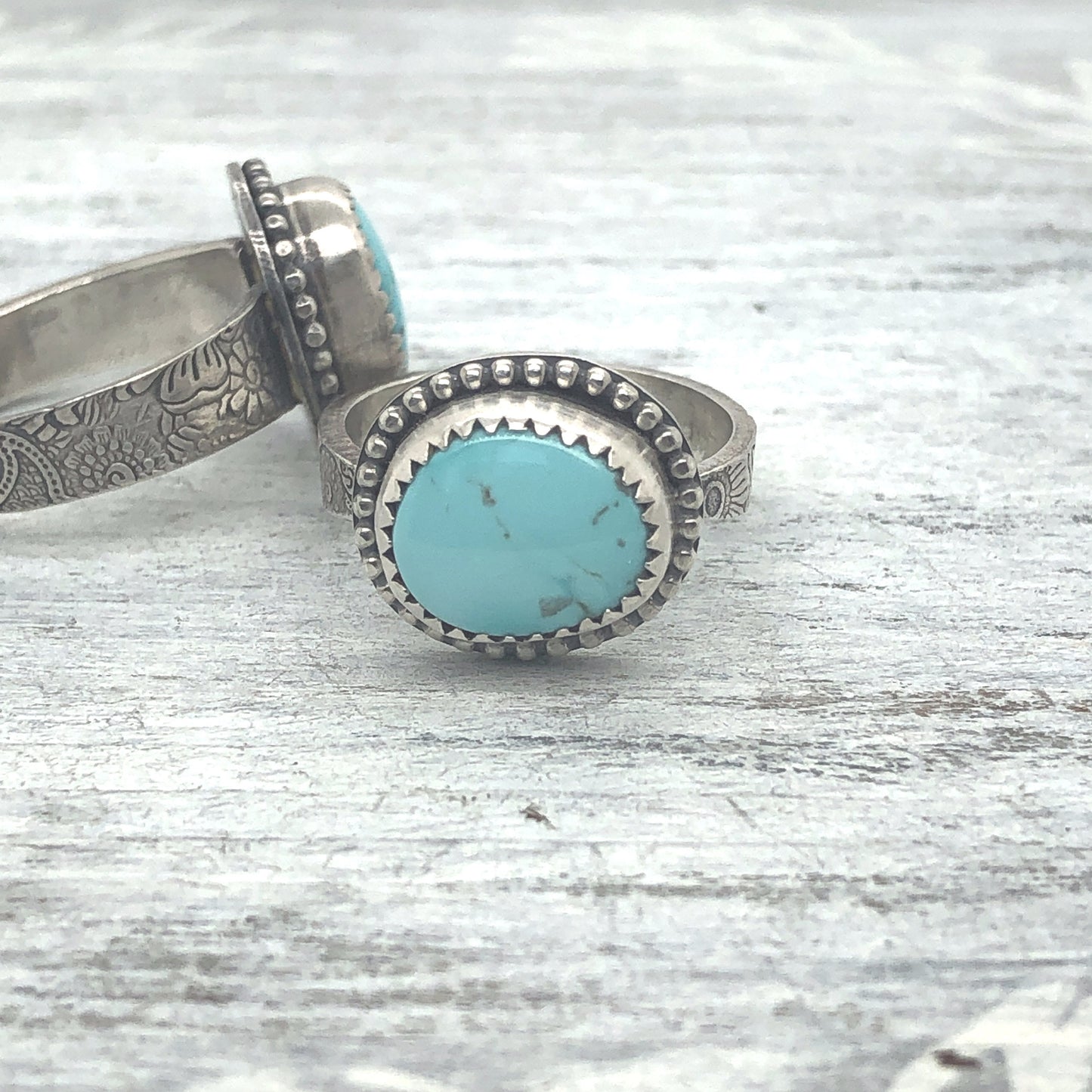 Sterling Silver and Turquoise Rings ∙ Carico Lake Turquoise ∙ Floral Band Ring ∙ Botanical Jewelry ∙ Turquoise Ring For Women