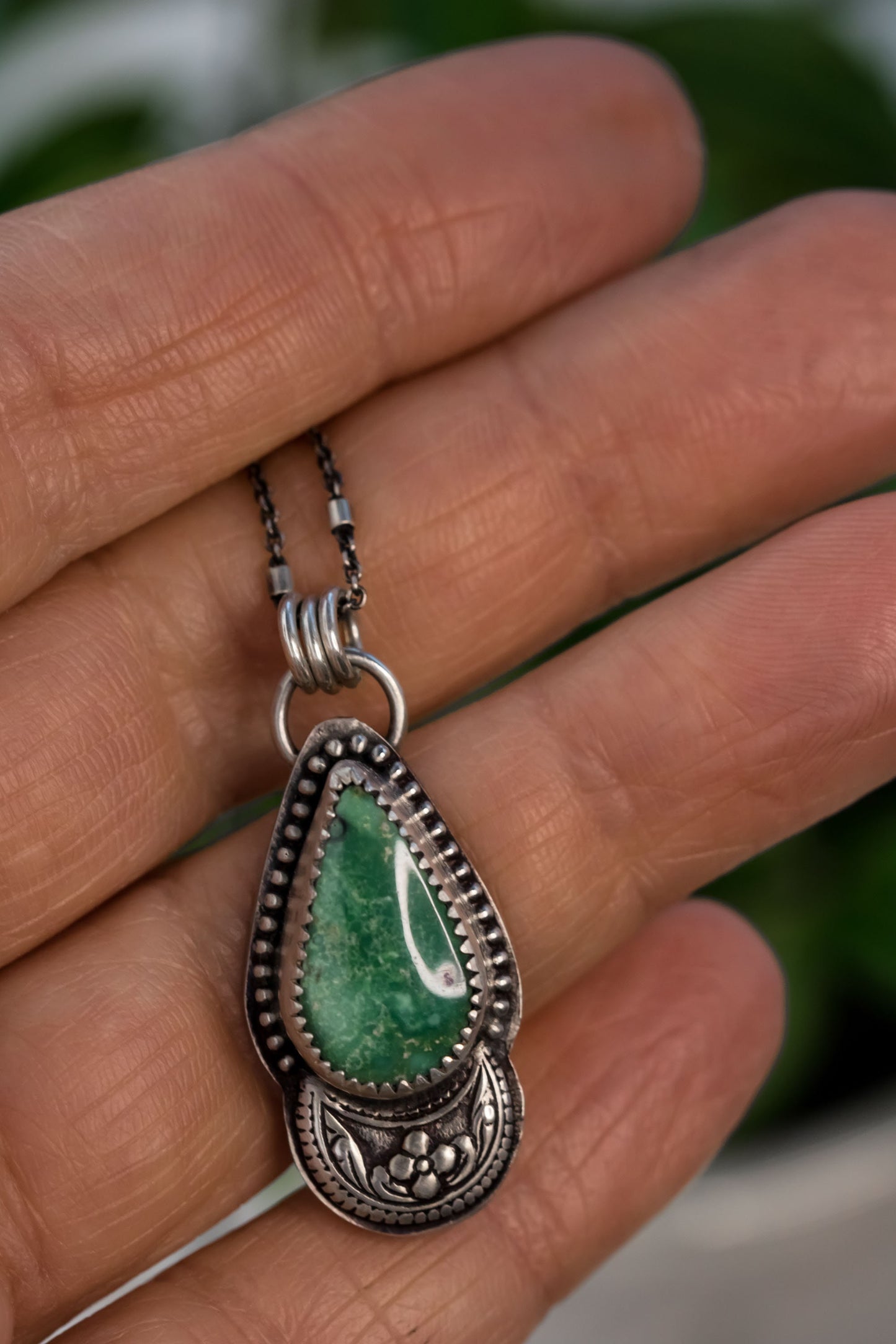 Tear Drop Turquoise Necklace • Genuine Turquoise Necklace With Half Moon Floral Accent • Boho Necklace • Petite Turquoise Pendant • USA Made