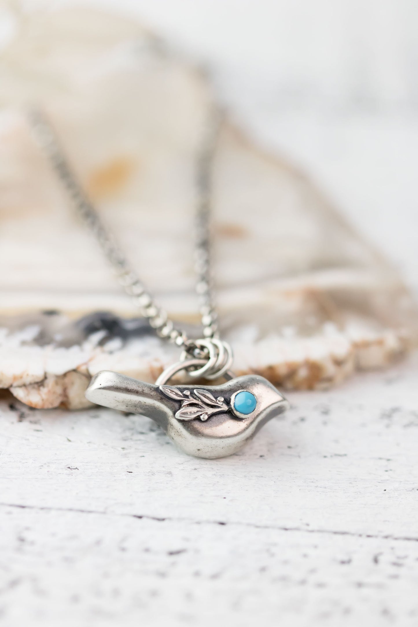 Sterling Silver Bird Necklace with Turquoise Accent