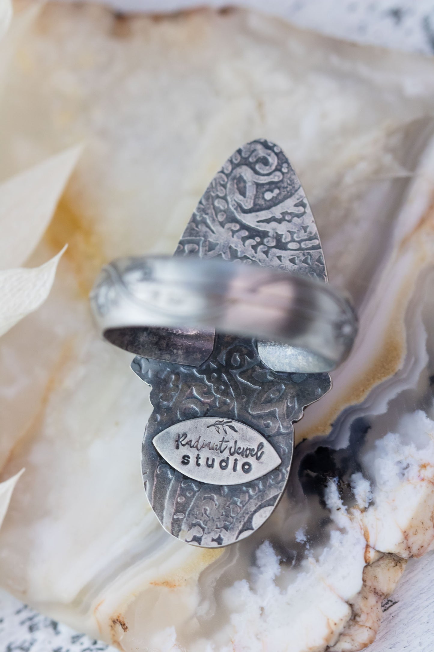 Beautiful Carved Amethyst and Mother of Pearl Sterling Silver Ring