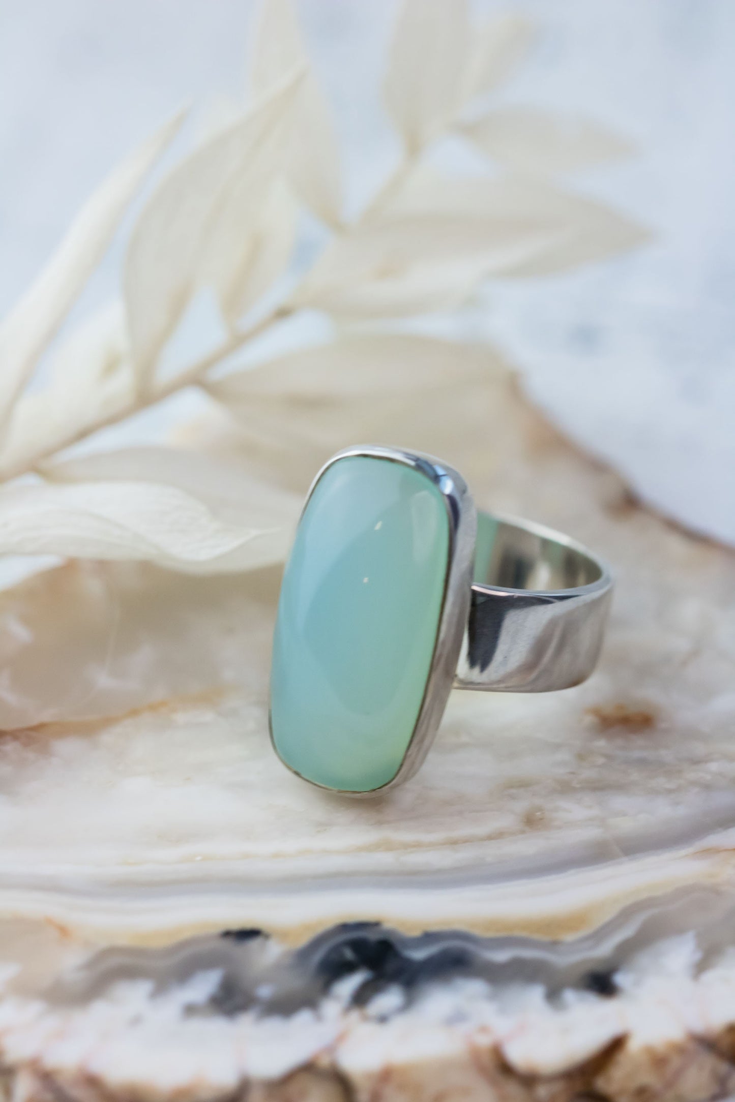 Handcrafted Sterling Silver Ring with Sea Green Chalcedony Oval Solitaire, sizes 4-10