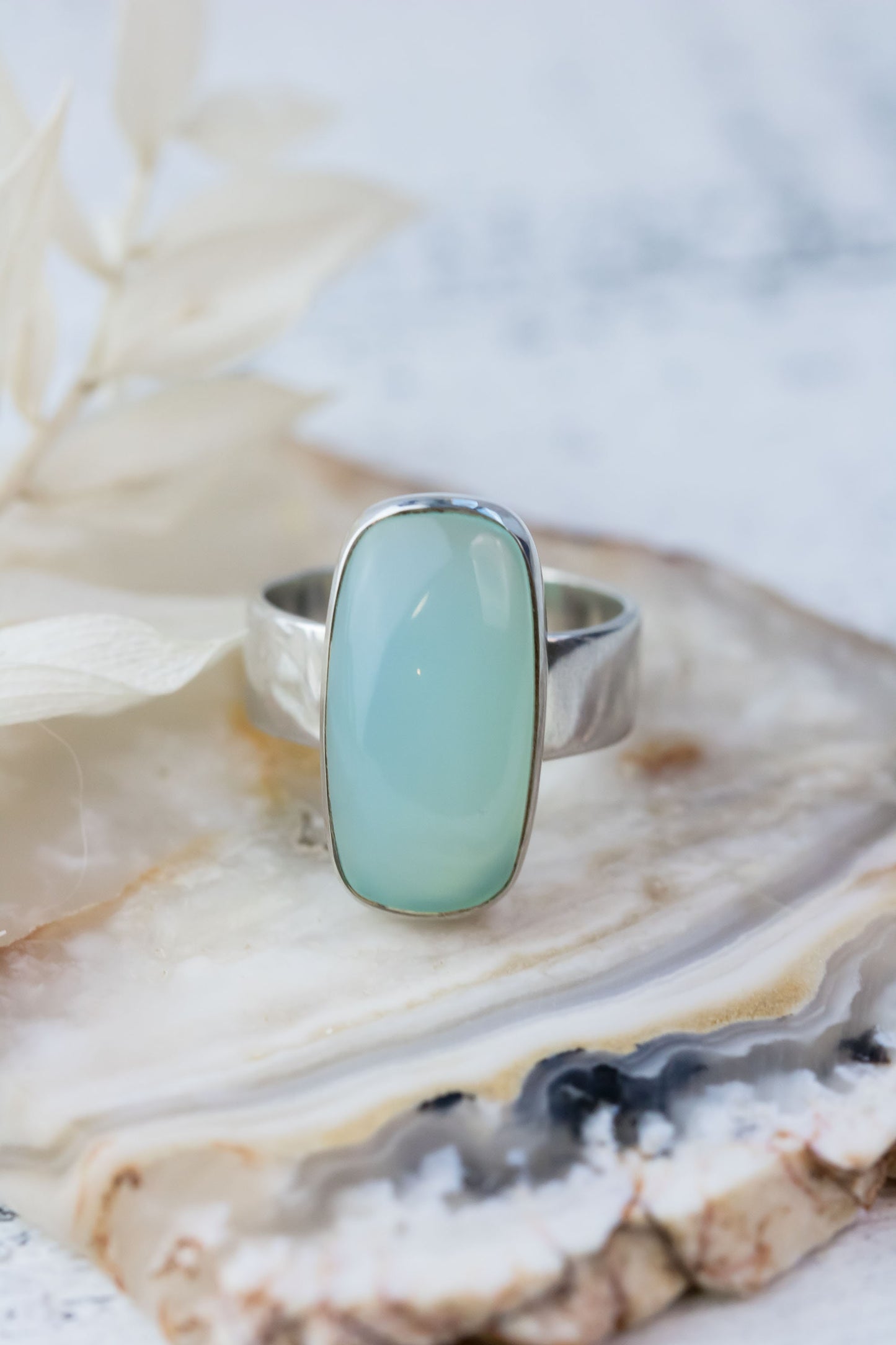 Handcrafted Sterling Silver Ring with Sea Green Chalcedony Oval Solitaire, sizes 4-10
