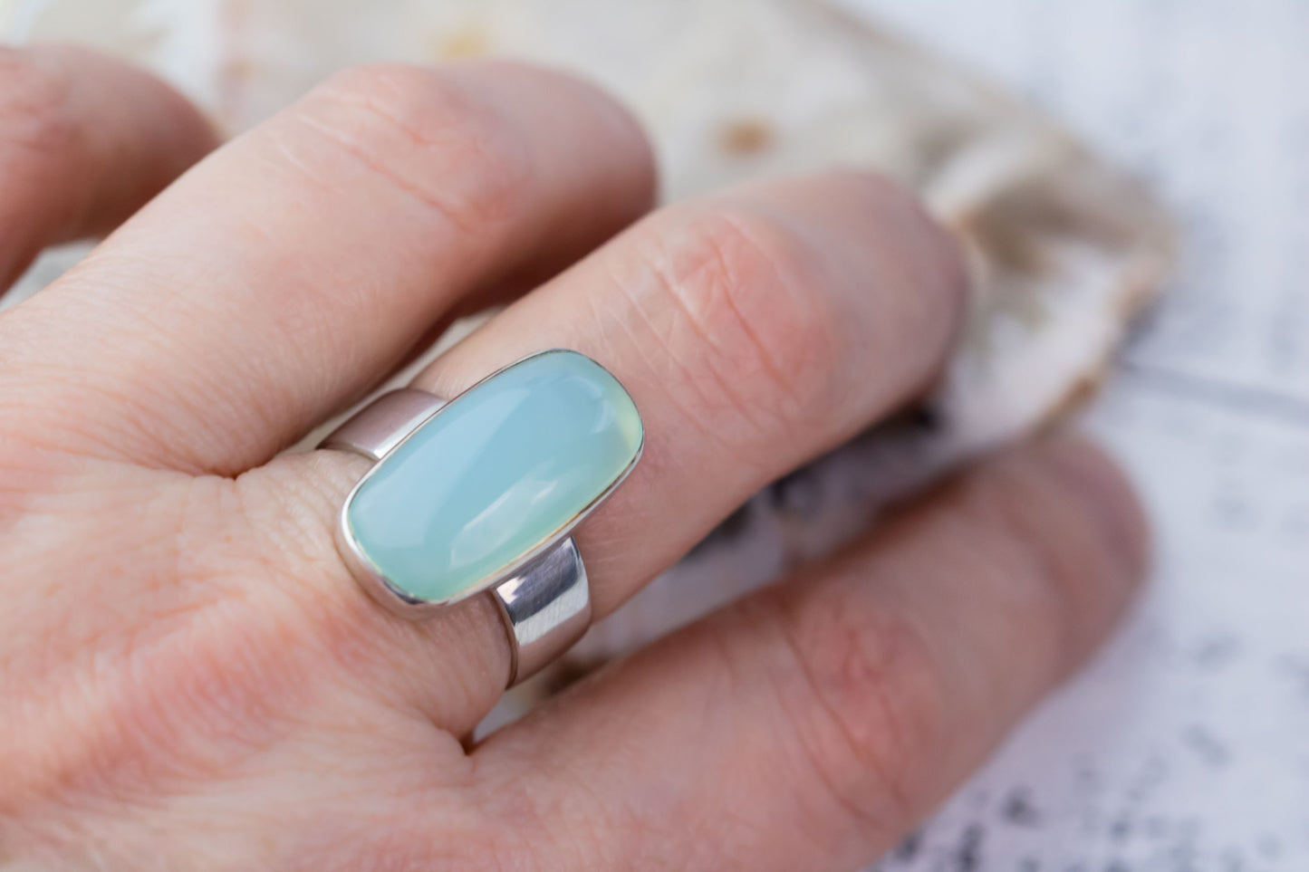 Handcrafted Sterling Silver Ring with Sea Green Chalcedony Oval Solitaire, sizes 4-10