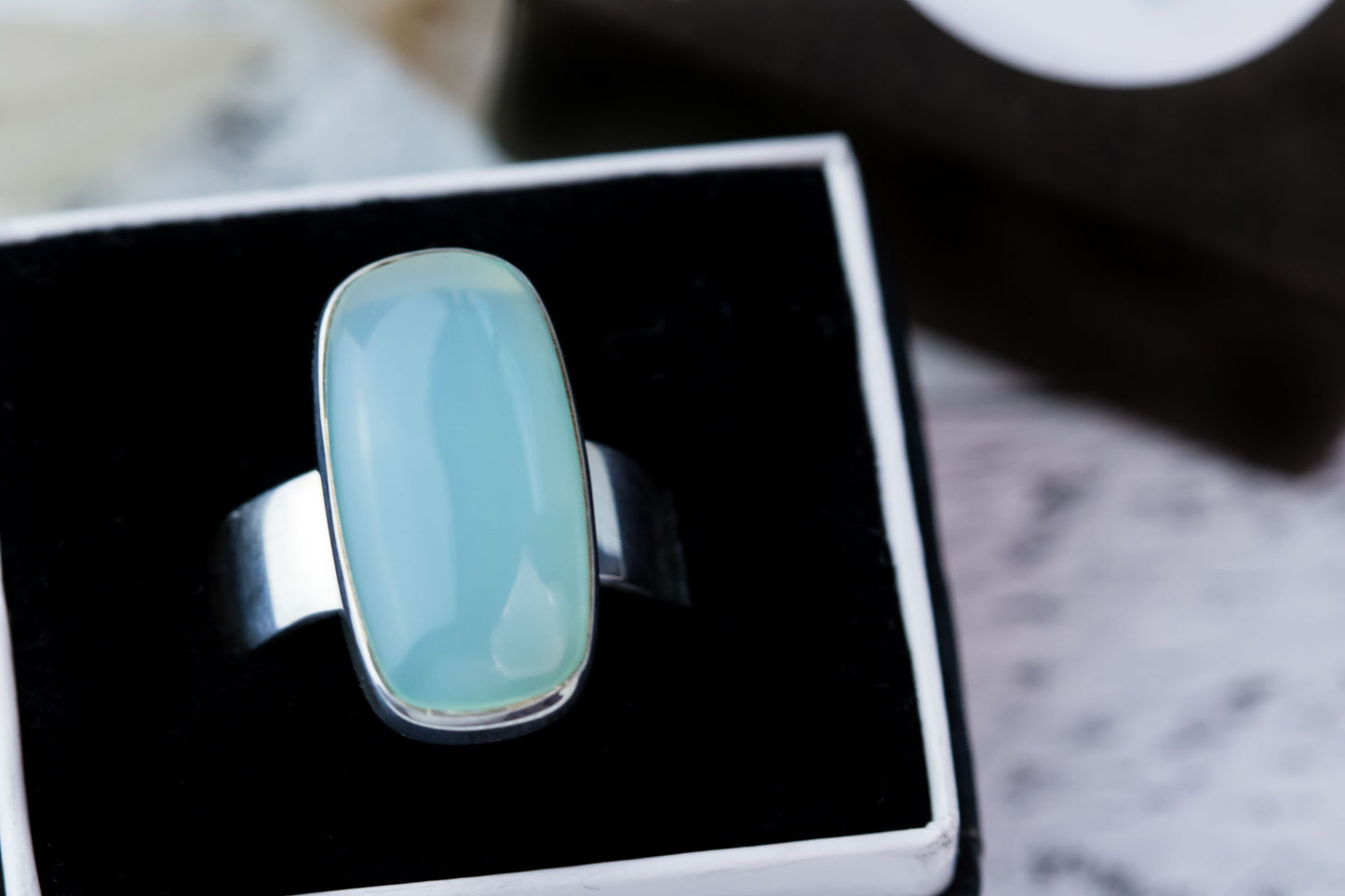 Handcrafted Sterling Silver Ring with Sea Green Chalcedony Oval Solitaire, sizes 4-10