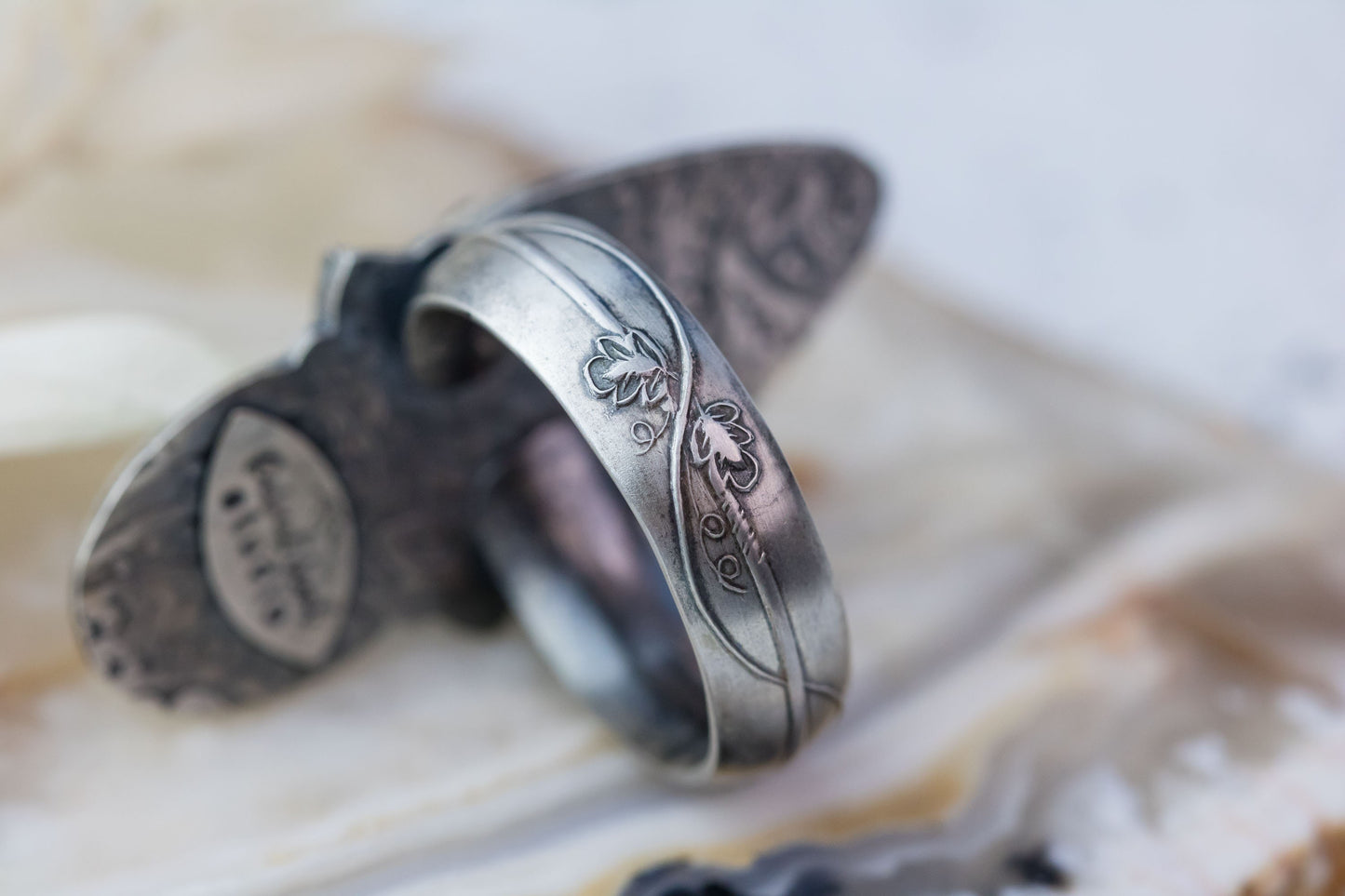 Beautiful Carved Amethyst and Mother of Pearl Sterling Silver Ring