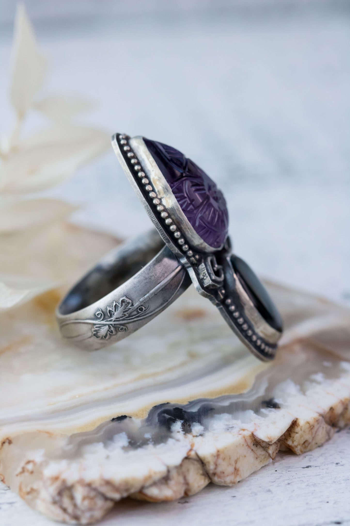 Beautiful Carved Amethyst and Mother of Pearl Sterling Silver Ring