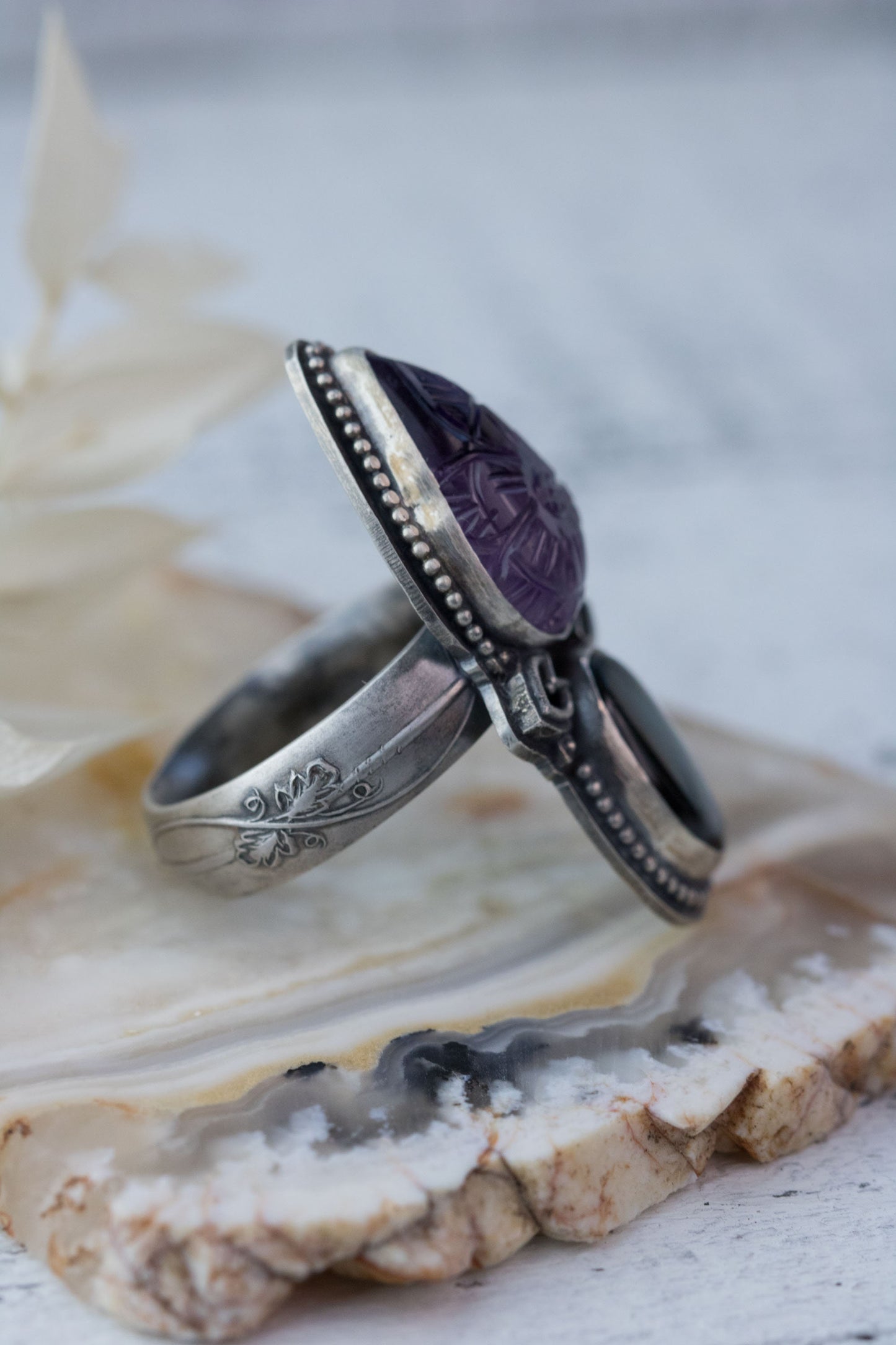 Beautiful Carved Amethyst and Mother of Pearl Sterling Silver Ring