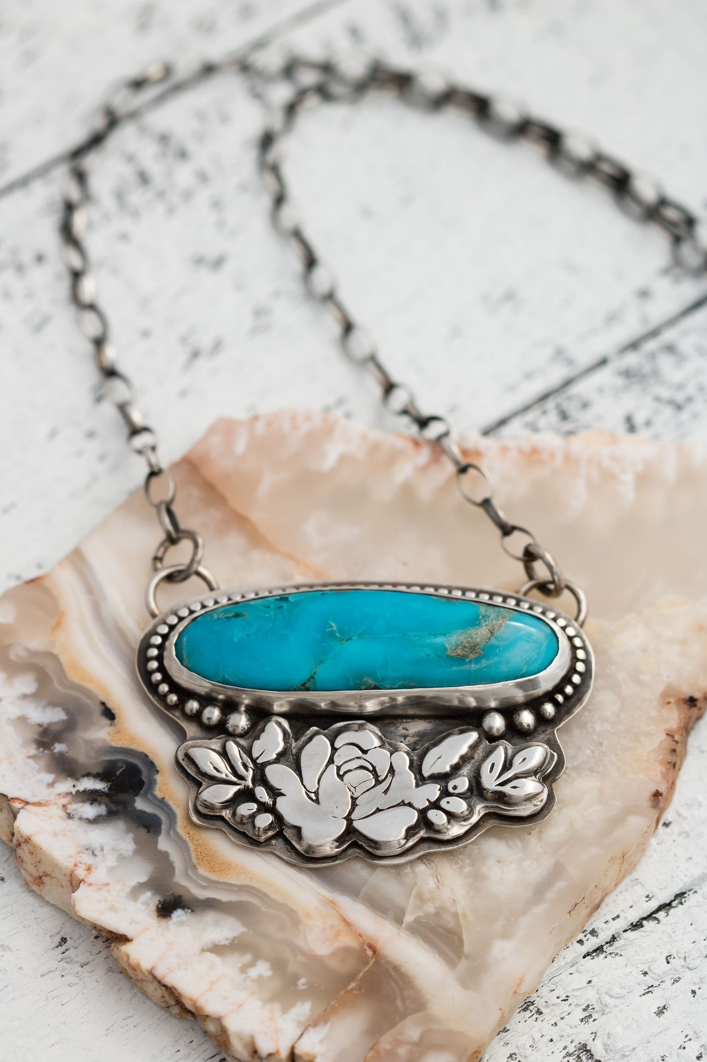 Sterling Silver Kingman Turqusoie Floral Necklace • Large Turquoise Statement Necklace • Flower Bouquet Necklace