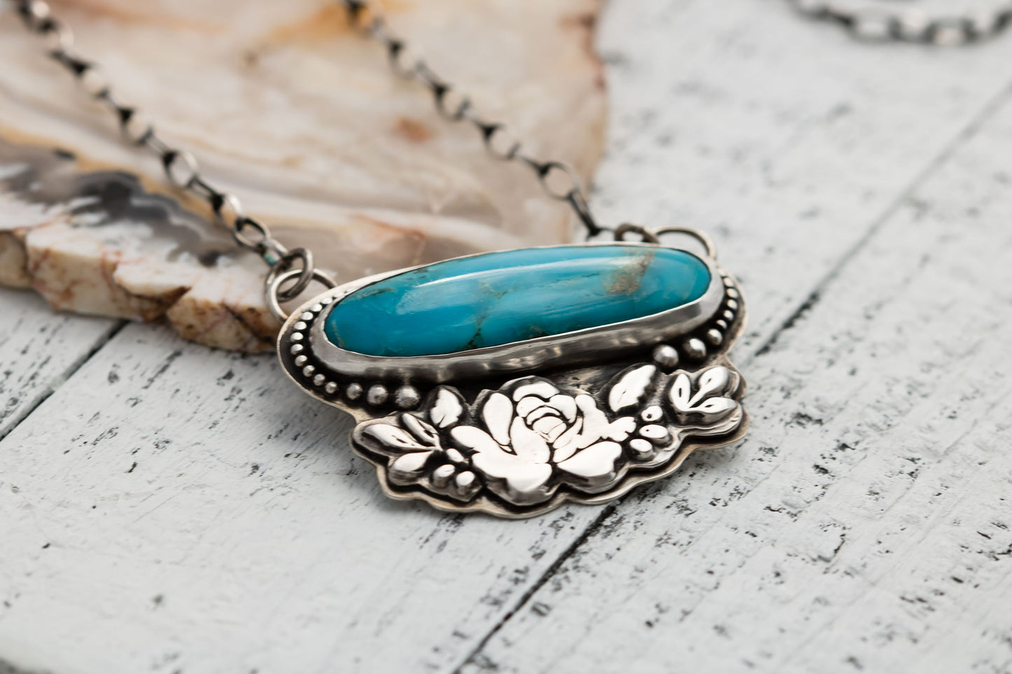 Sterling Silver Kingman Turqusoie Floral Necklace • Large Turquoise Statement Necklace • Flower Bouquet Necklace