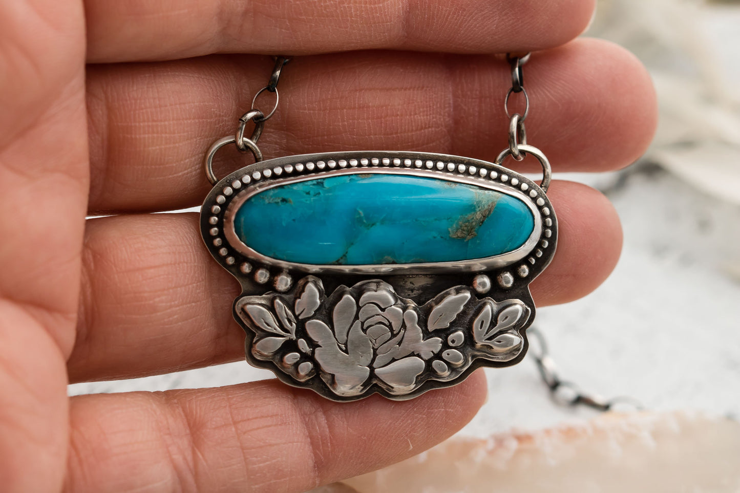 Sterling Silver Kingman Turqusoie Floral Necklace • Large Turquoise Statement Necklace • Flower Bouquet Necklace