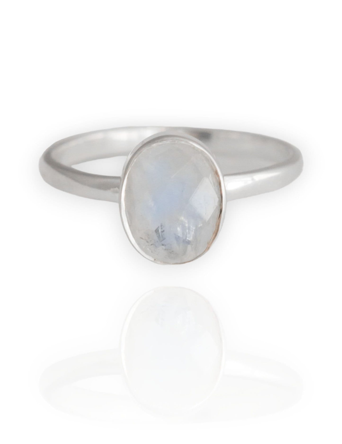 Sterling silver ring with oval faceted moonstone set in a bezel setting with simple silver ring band.