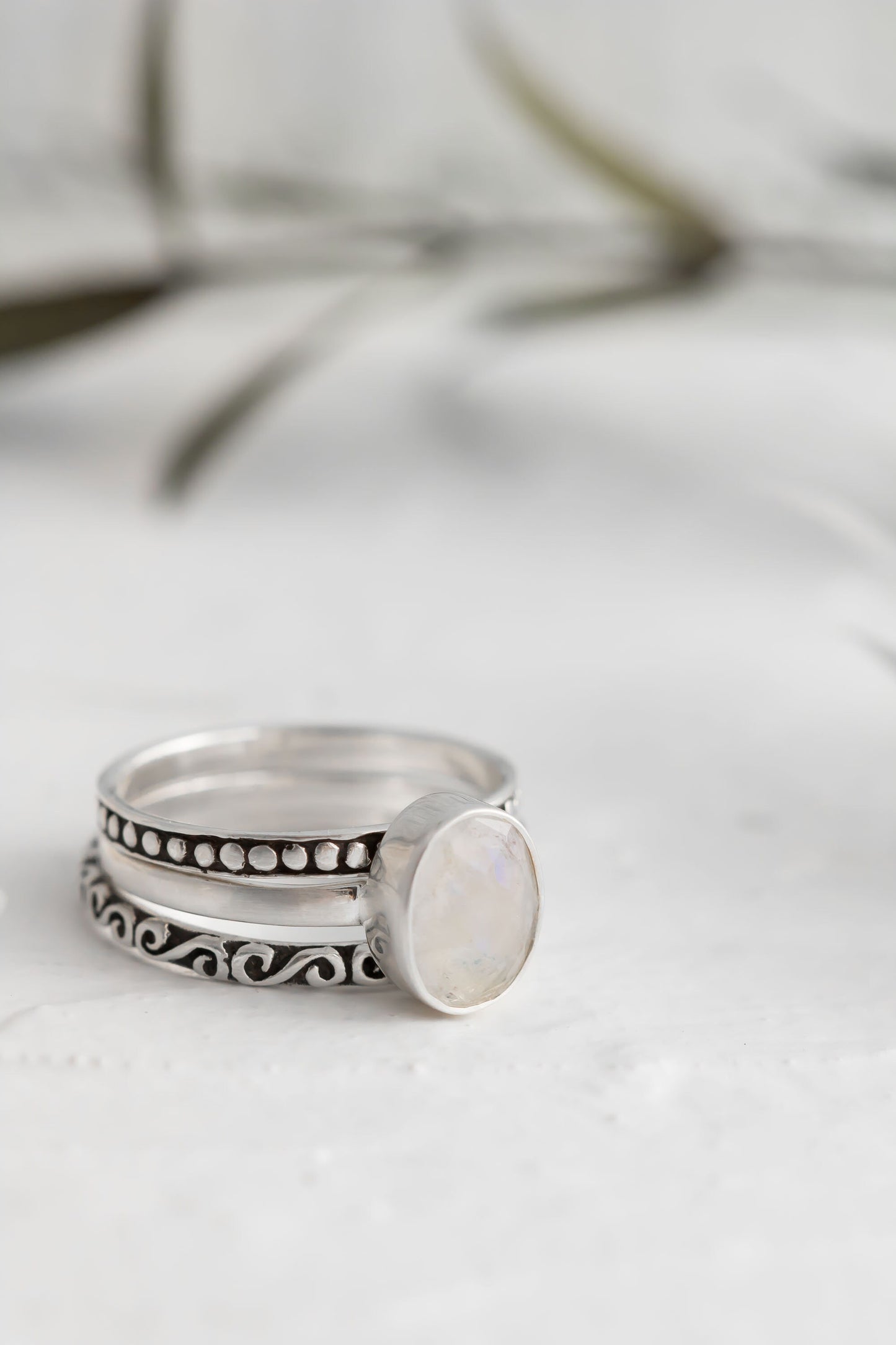 Sterling Silver Moonstone Stacking Ring Set • Blue Flash Ring • Boho Stacking Ring Set • Opalescent Ring