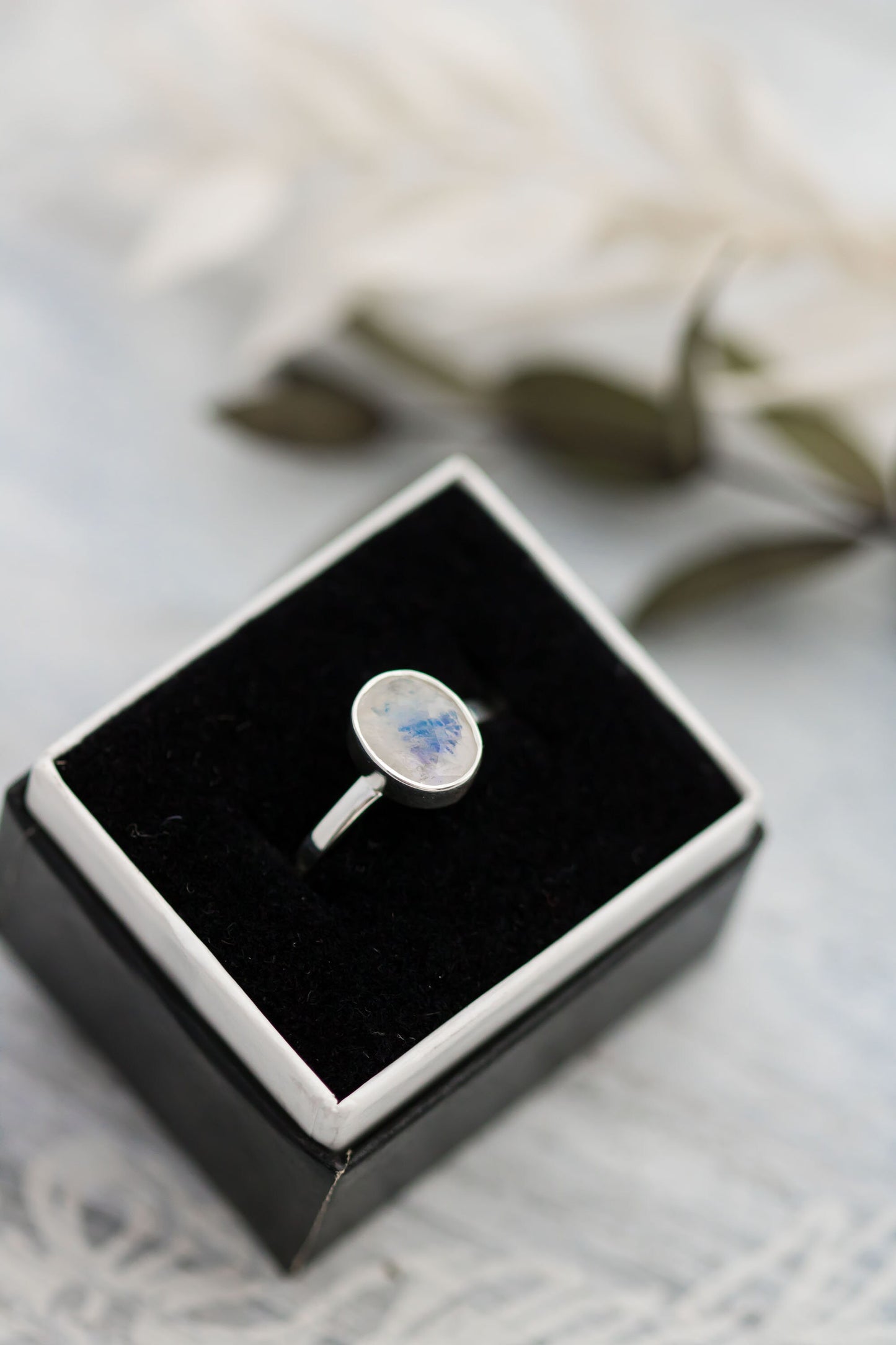 Sterling Silver Moonstone Stacking Ring Set • Blue Flash Ring • Boho Stacking Ring Set • Opalescent Ring
