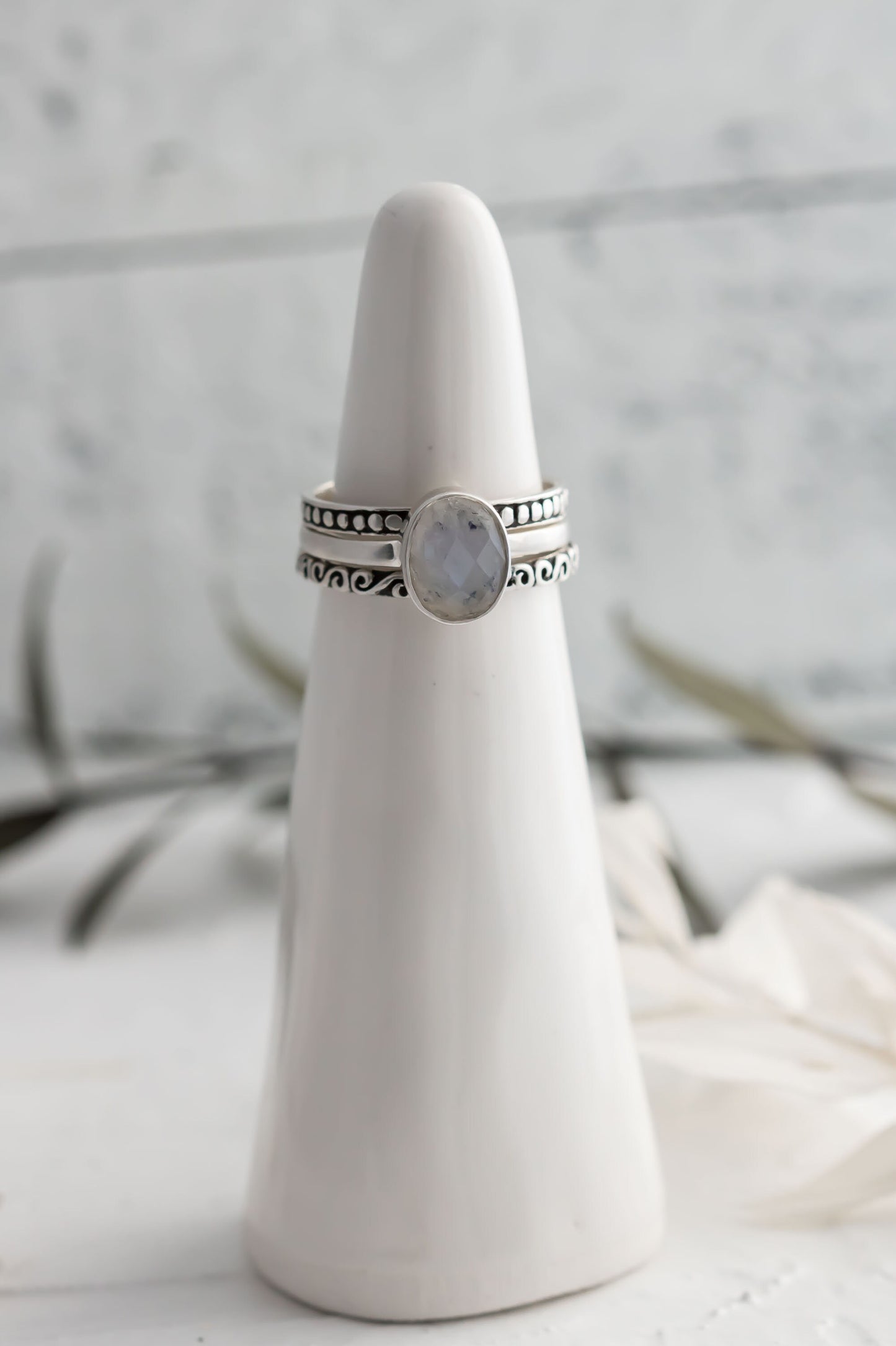 Sterling Silver Moonstone Stacking Ring Set • Blue Flash Ring • Boho Stacking Ring Set • Opalescent Ring