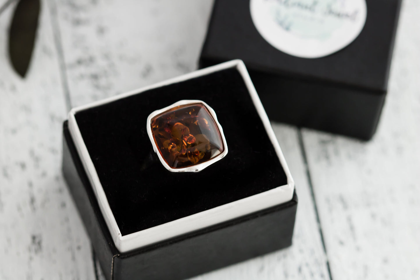 925 Sterling Silver Genuine Square Baltic Amber Chunky Ring on Hand.