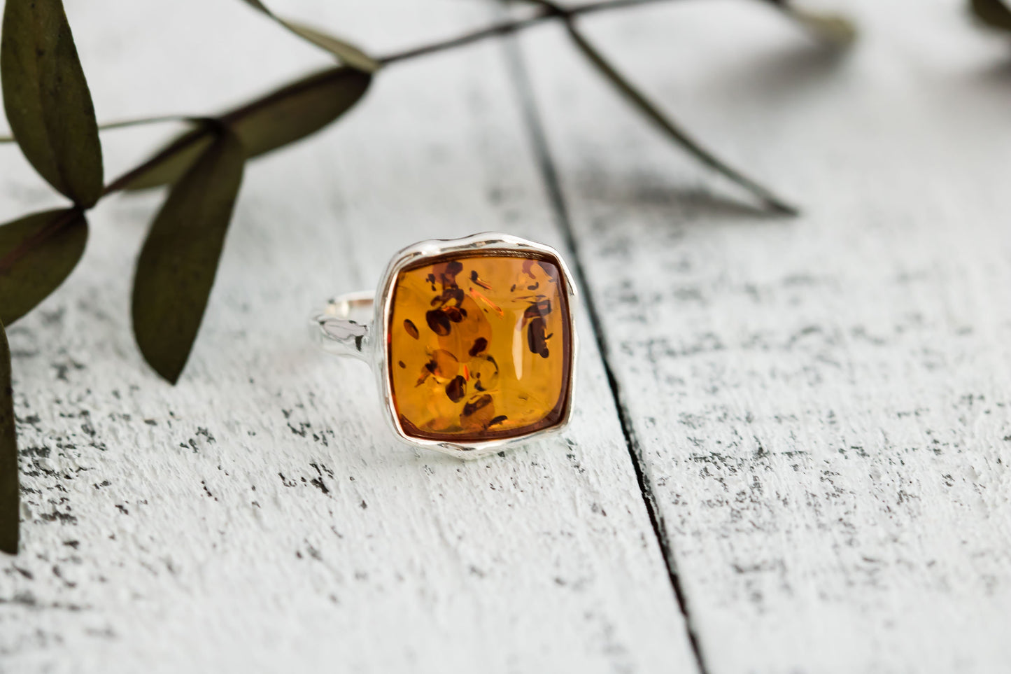 925 Sterling Silver Genuine Square Baltic Amber Chunky Ring