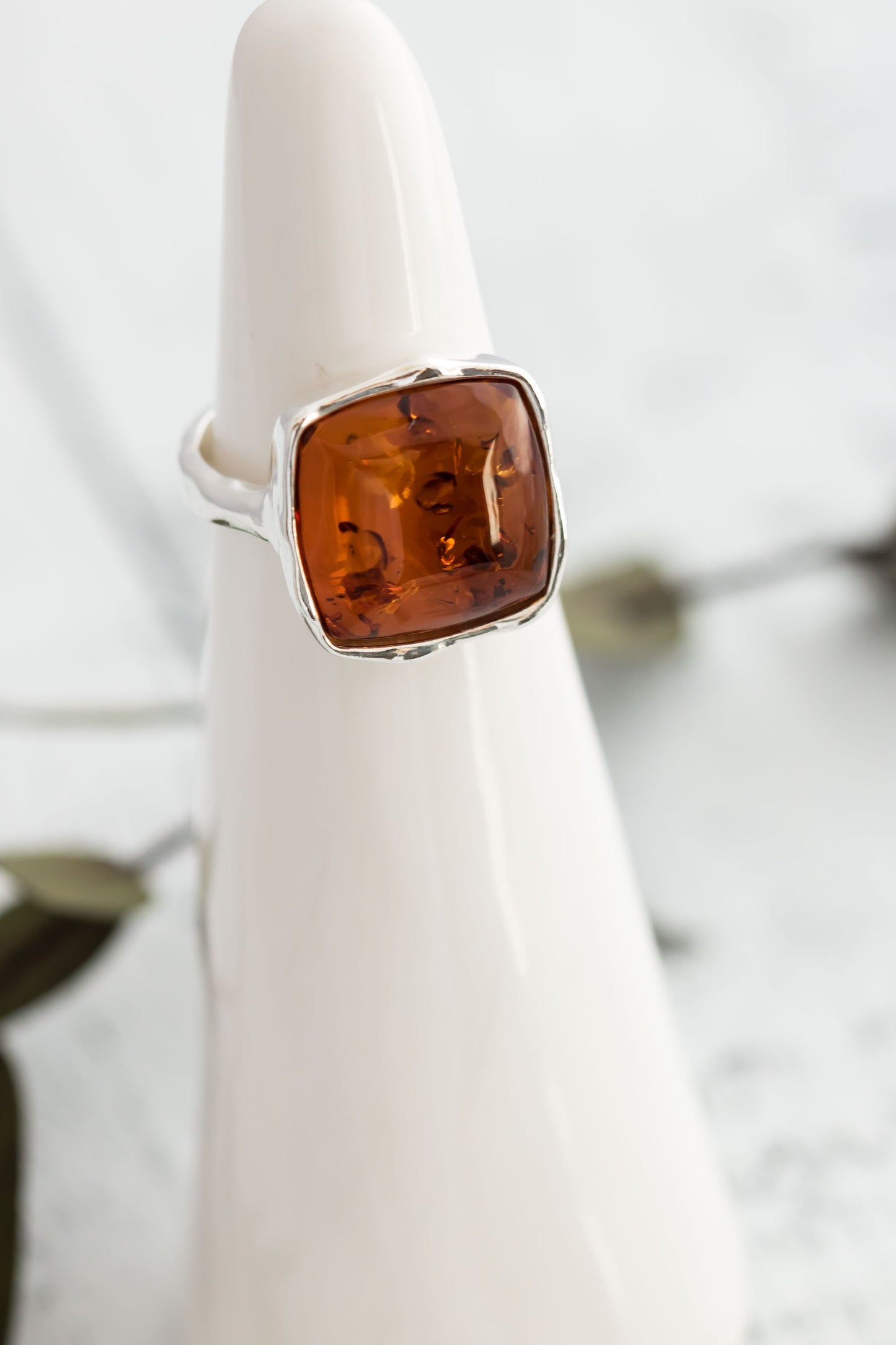 925 Sterling Silver Genuine Square Baltic Amber Chunky Ring.