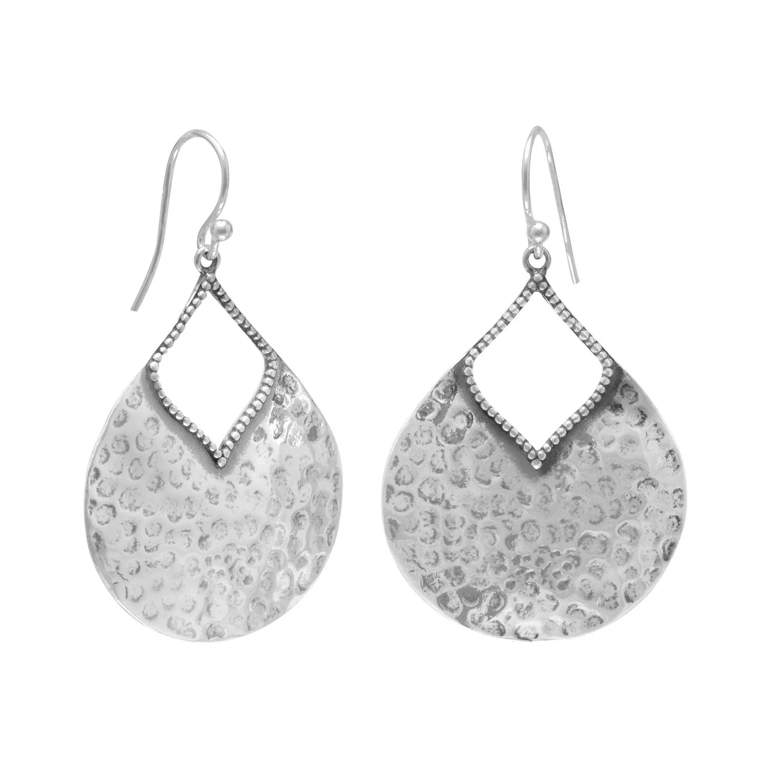Pair of silver earrings with textured pear shaped  designs on a white background