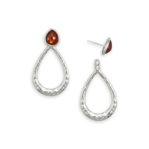  Close-up of genuine sterling silver and Baltic amber teardrop stud earrings on a whit background highlighting their convertible design.

