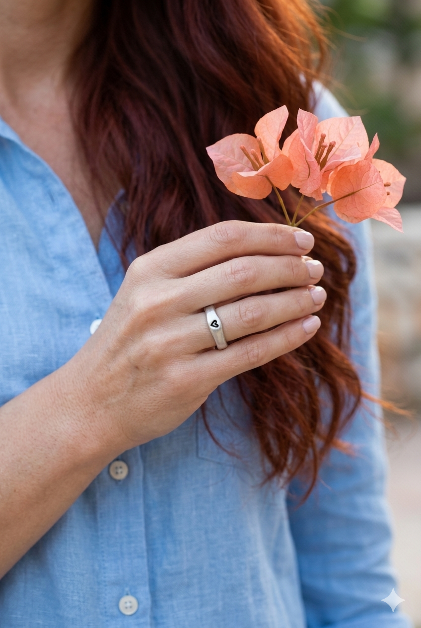 Person wearing a Serling silver ring with a heart stamped on it, holding pink flowers with a blurred background