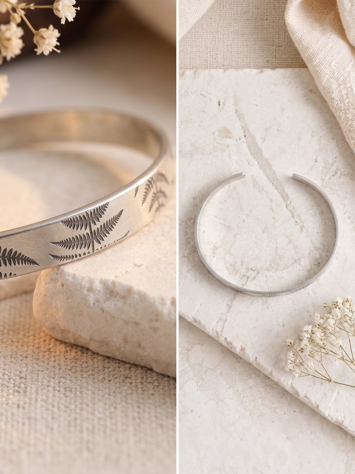 A sterling  silver open cuff bracelet with engraved fern leaf patterns, shown in a split view on a neutral textured background with dried flowers and linen.