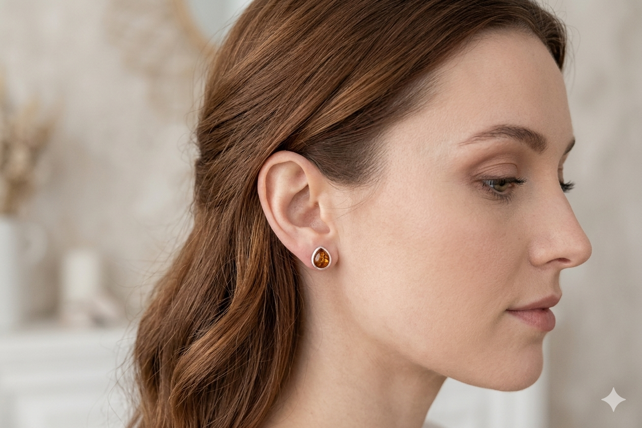 Woman wearing sterling silver baltic amber pear stud  earrings. 
