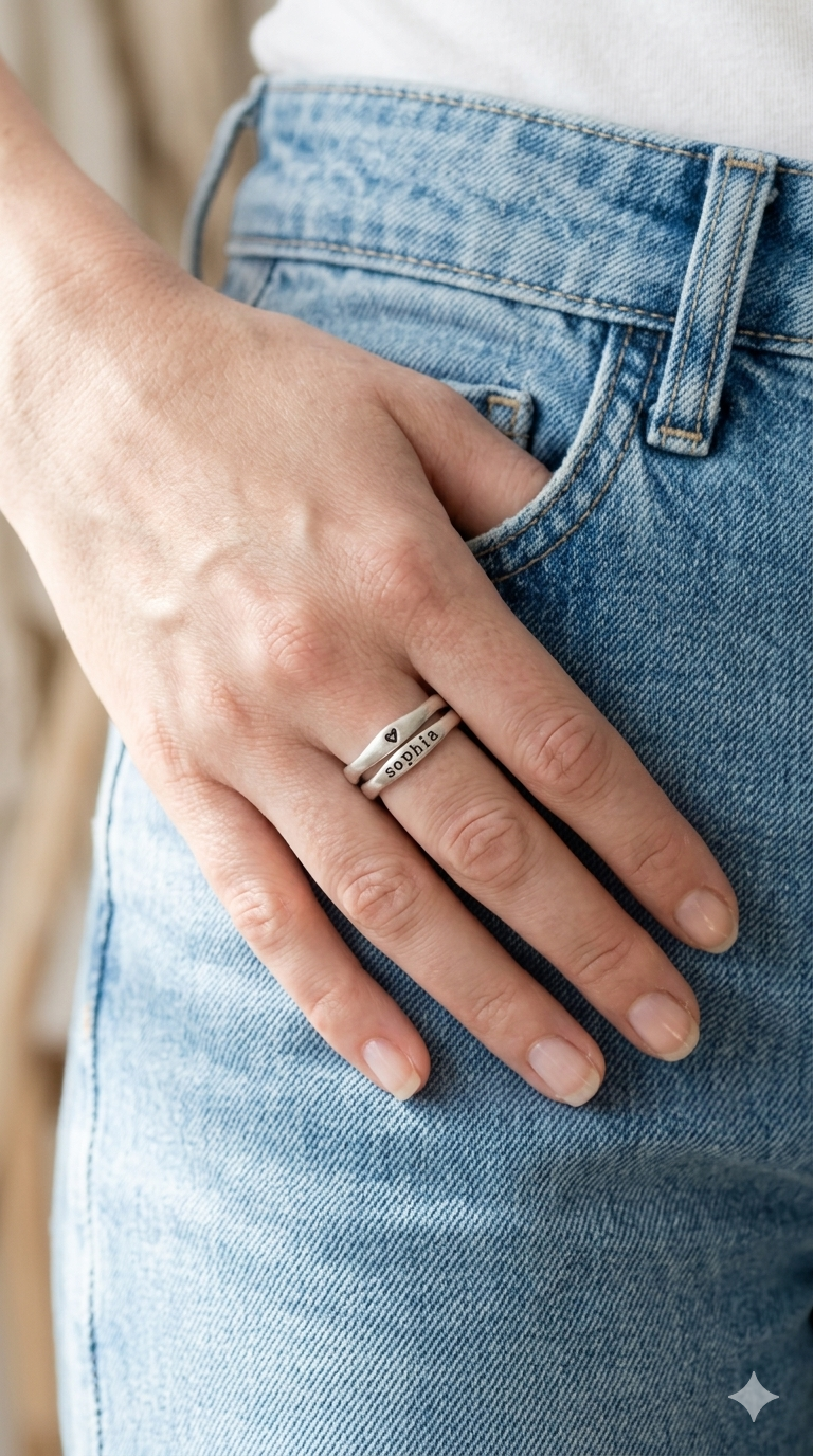 Close-up of a hand in a denim pocket  wearing two sterling silver rings with the name Sophie on one and a heart on the other.
