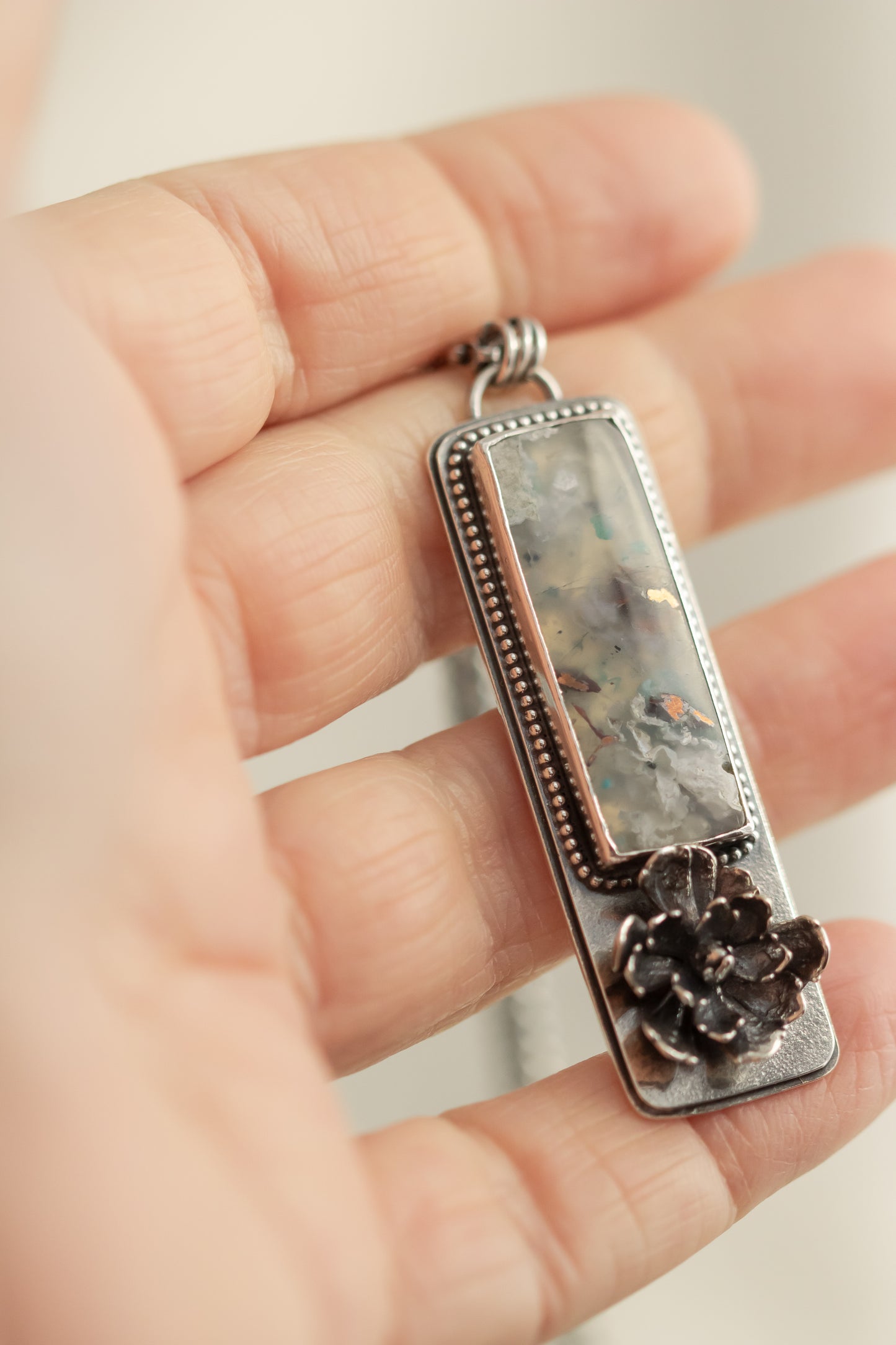 Sterling Silver Sugar Water Flower Agate Necklace with Succulent Accent